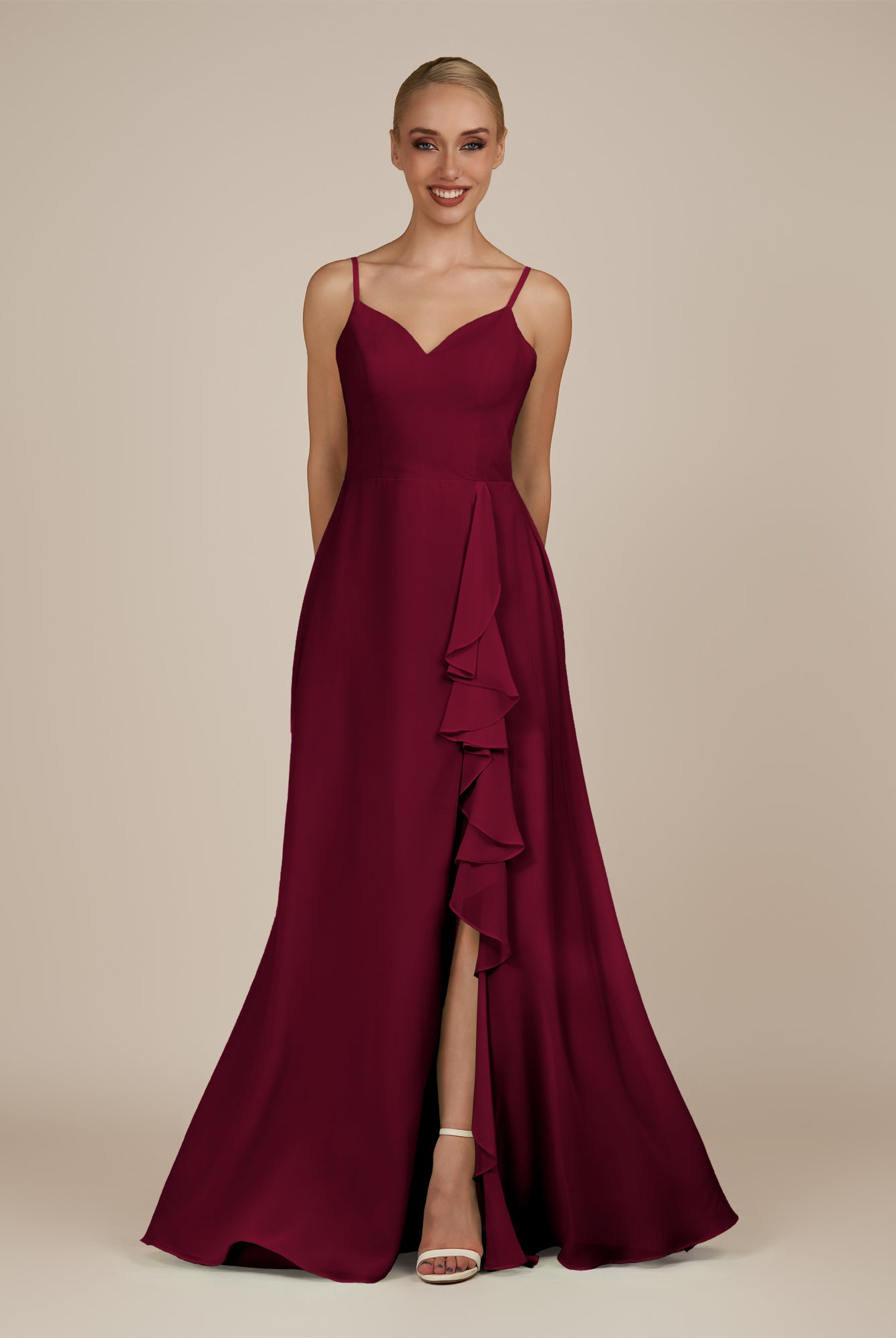 KissDress-Rhonda Berry Sheath Chiffon V Neck Ruffled Long Bridesmaid Dress with Slit