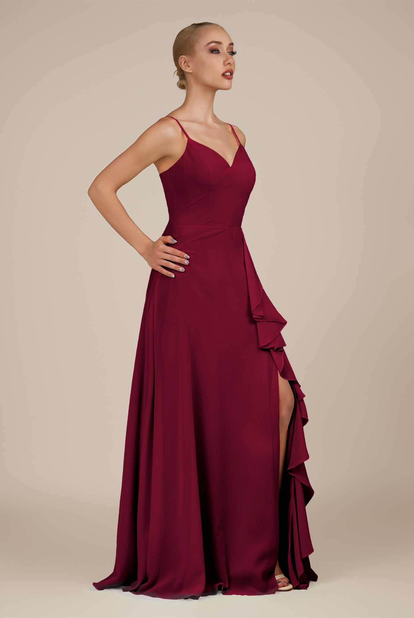 KissDress-Rhonda Berry Sheath Chiffon V Neck Ruffled Long Bridesmaid Dress with Slit