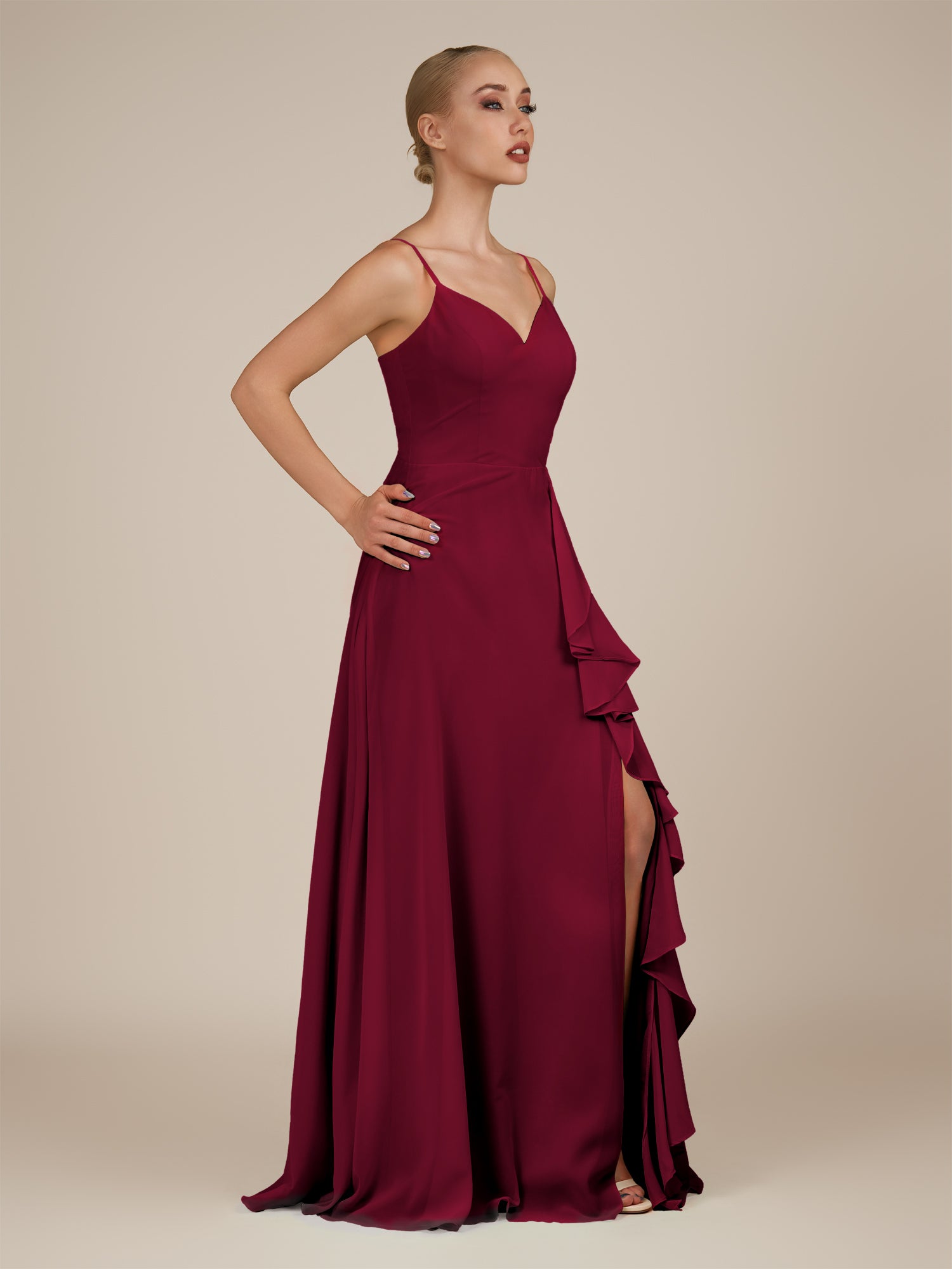 KissDress-Rhonda Berry Sheath Chiffon V Neck Ruffled Long Bridesmaid Dress with Slit