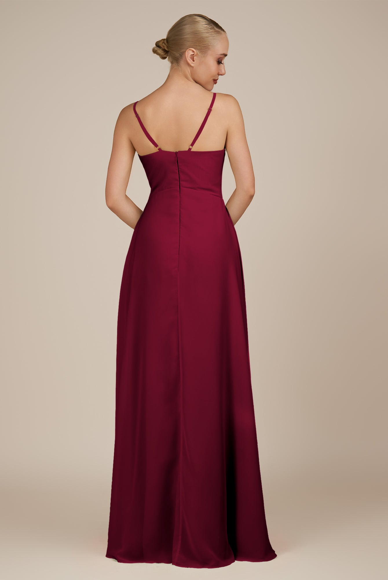 KissDress-Rhonda Berry Sheath Chiffon V Neck Ruffled Long Bridesmaid Dress with Slit