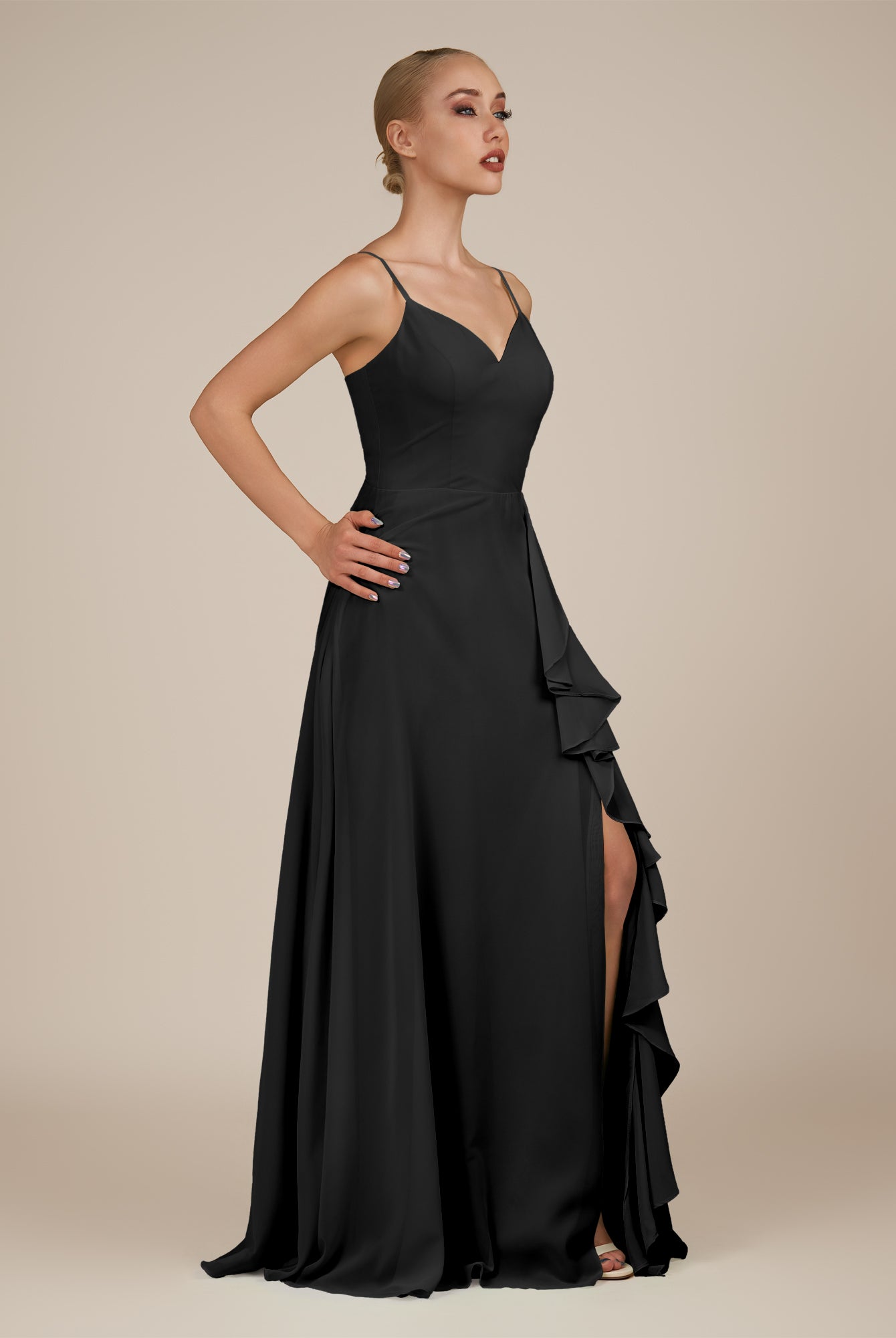 KissDress-Rhonda Black Sheath Chiffon V Neck Ruffled Long Bridesmaid Dress with Slit