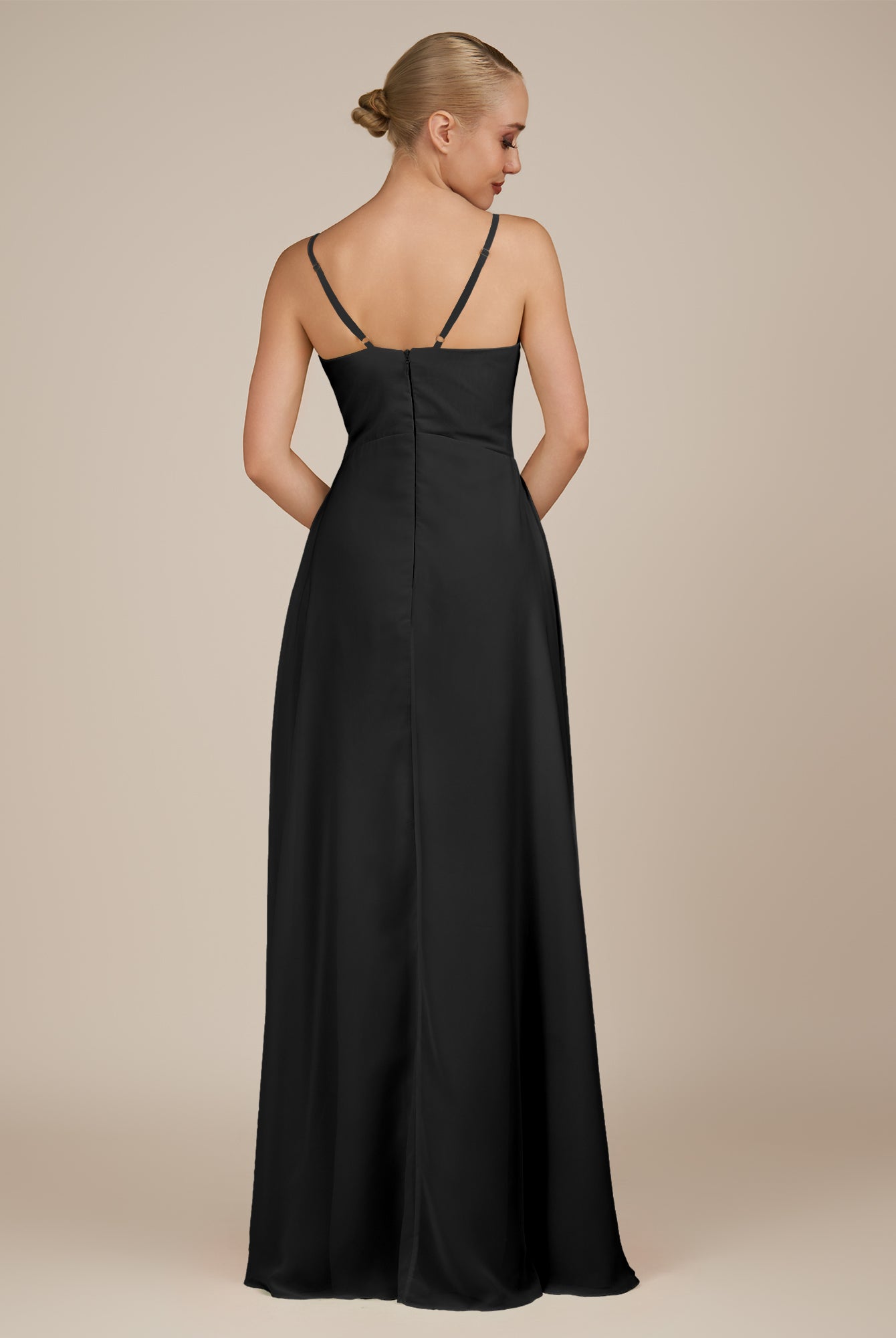 KissDress-Rhonda Black Sheath Chiffon V Neck Ruffled Long Bridesmaid Dress with Slit