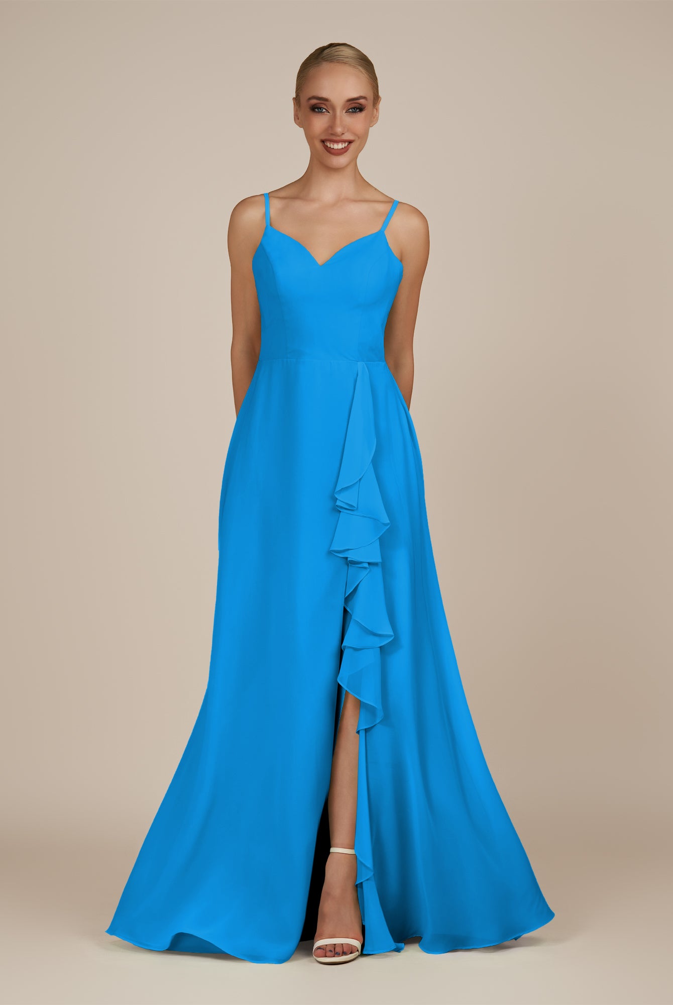 KissDress-Rhonda Blue Jay Sheath Chiffon V Neck Ruffled Long Bridesmaid Dress with Slit