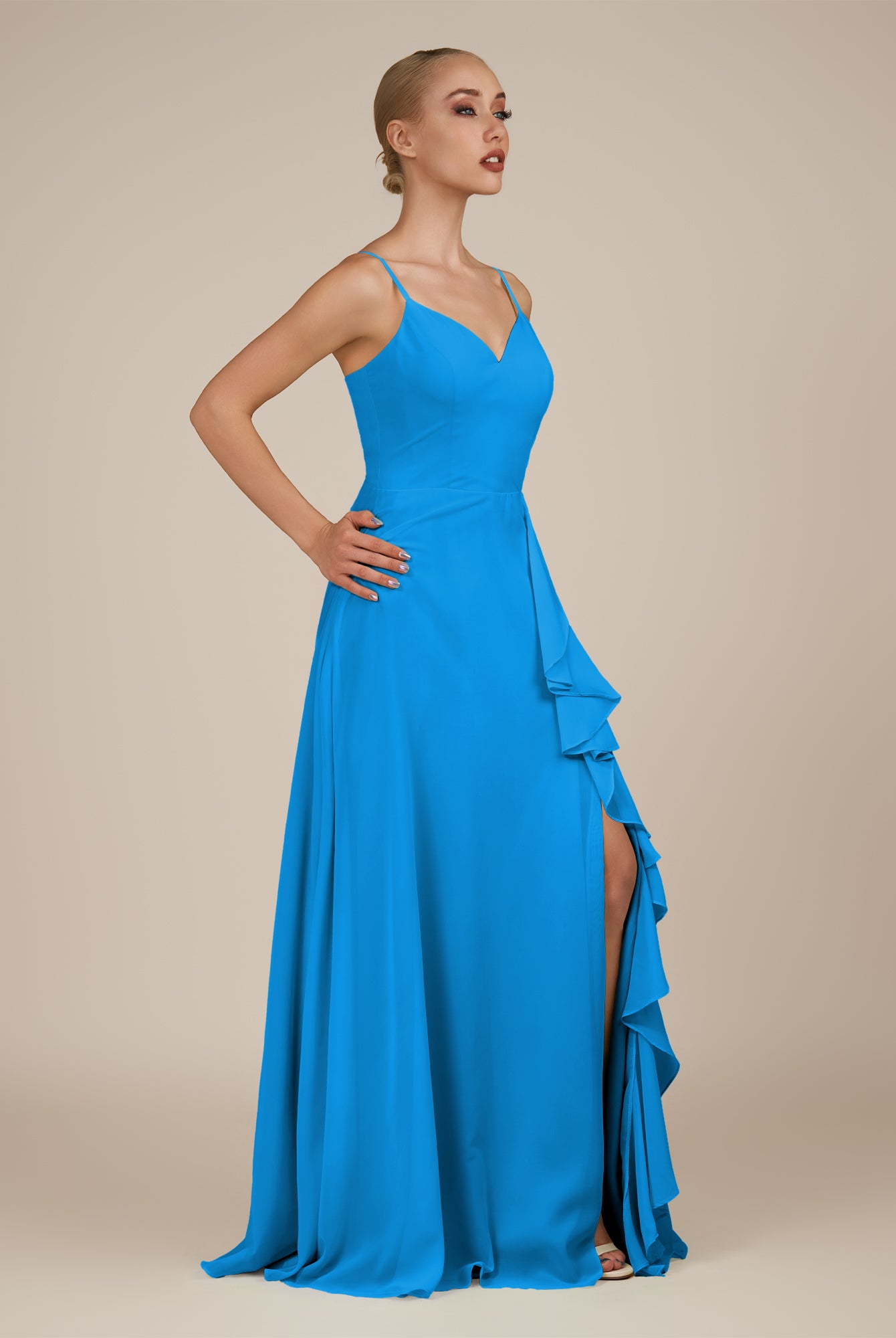 KissDress-Rhonda Blue Jay Sheath Chiffon V Neck Ruffled Long Bridesmaid Dress with Slit