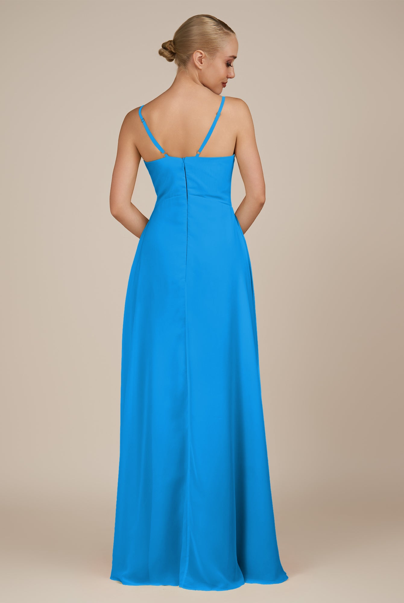 KissDress-Rhonda Blue Jay Sheath Chiffon V Neck Ruffled Long Bridesmaid Dress with Slit