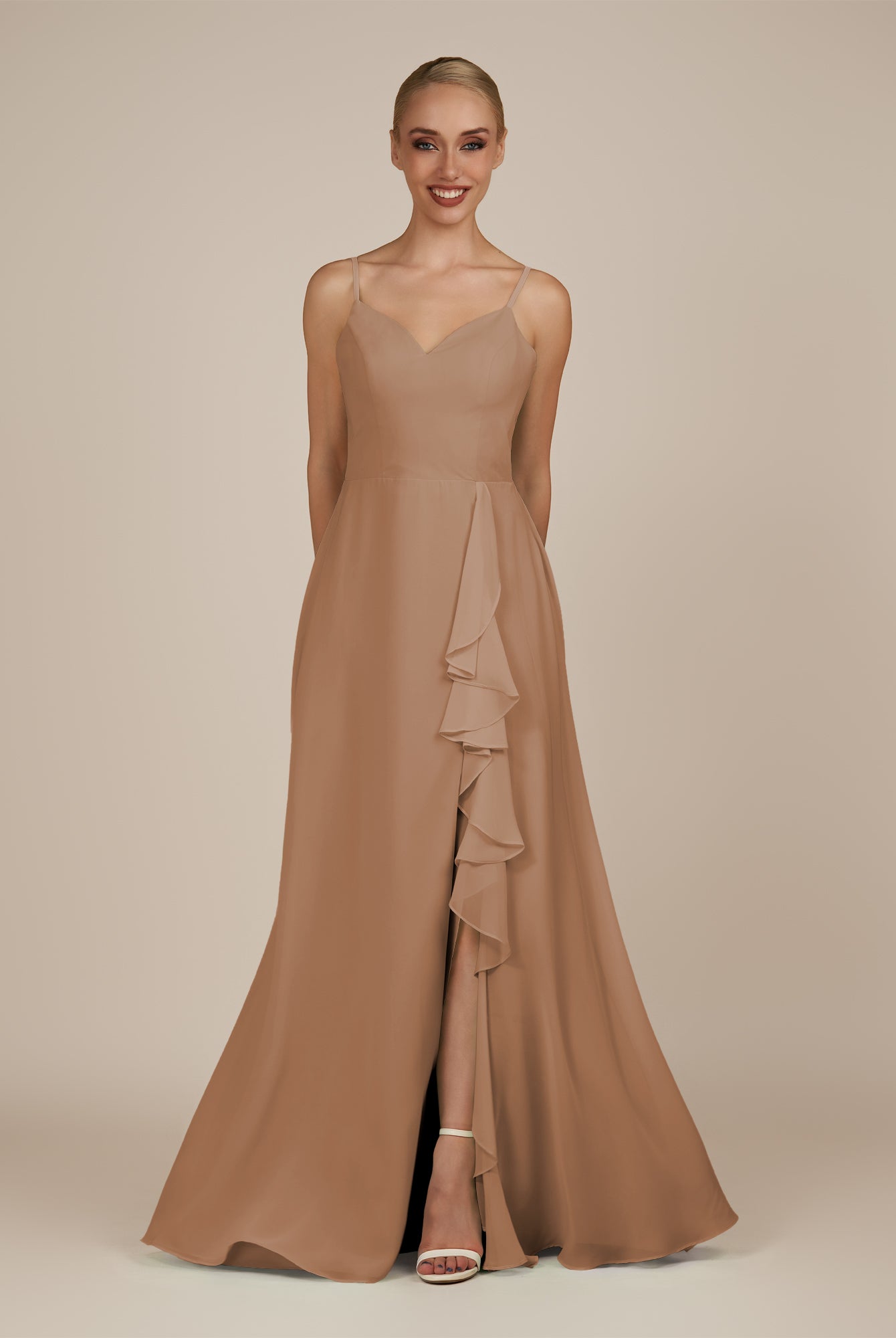 KissDress-Rhonda Bronzer Sheath Chiffon V Neck Ruffled Long Bridesmaid Dress with Slit