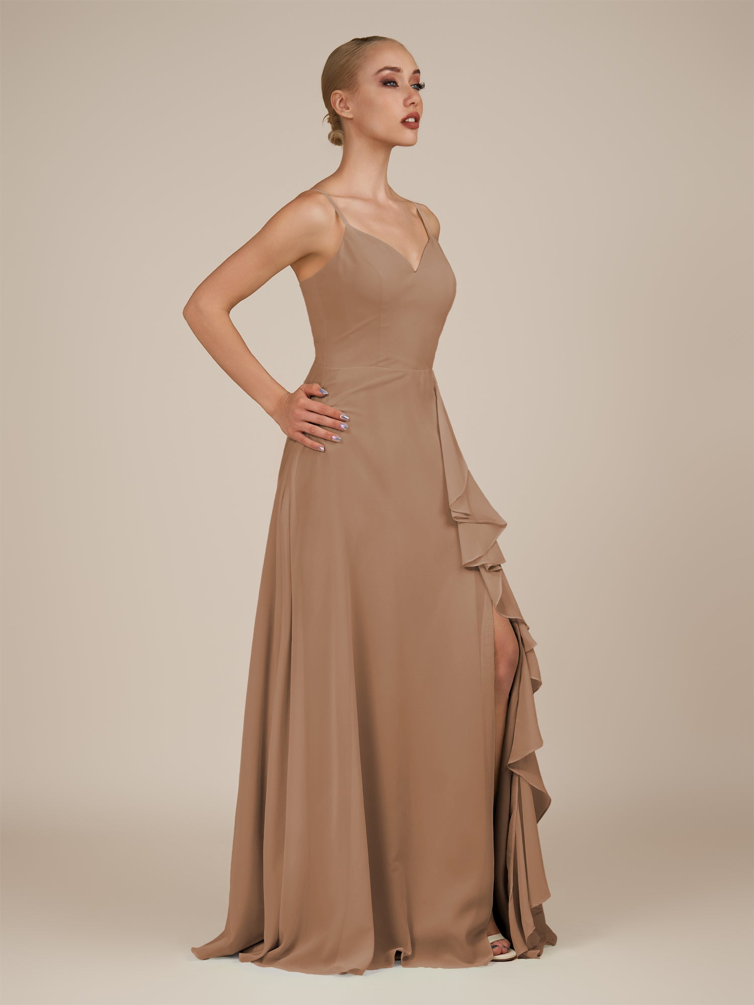 KissDress-Rhonda Bronzer Sheath Chiffon V Neck Ruffled Long Bridesmaid Dress with Slit