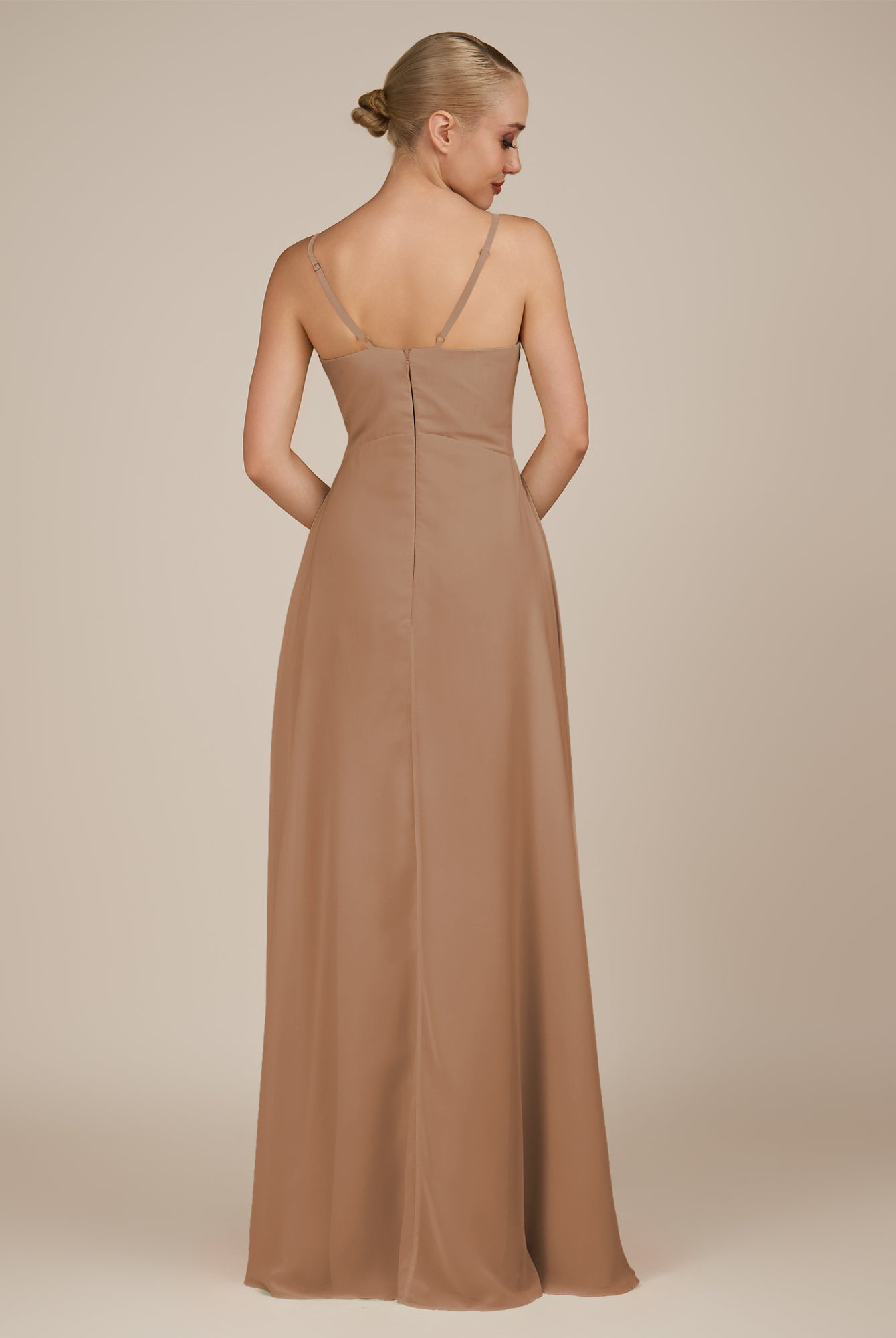 KissDress-Rhonda Bronzer Sheath Chiffon V Neck Ruffled Long Bridesmaid Dress with Slit