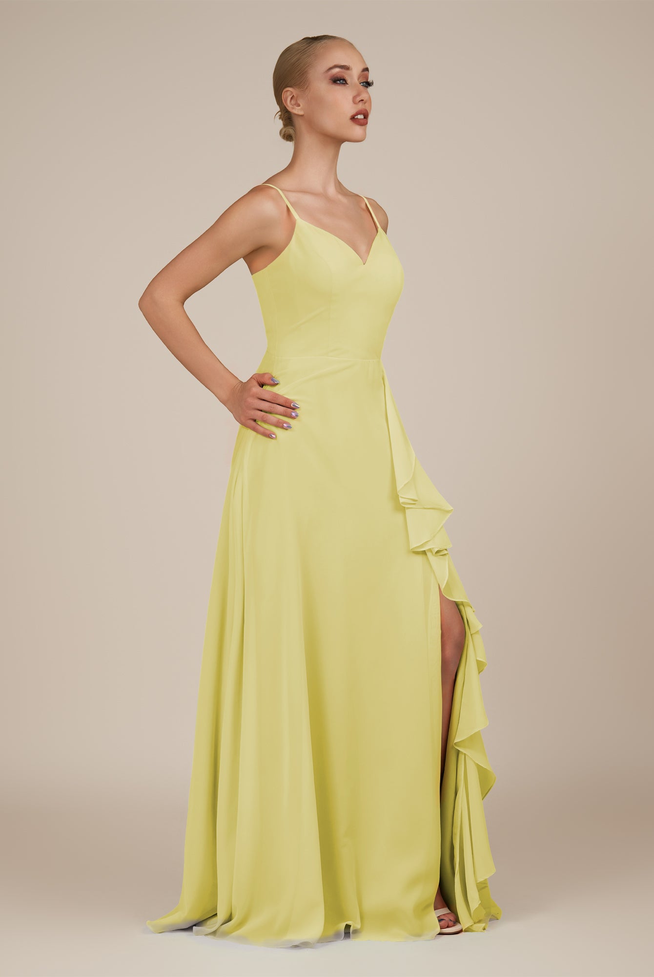 KissDress-Rhonda Buttercup Sheath Chiffon V Neck Ruffled Long Bridesmaid Dress with Slit