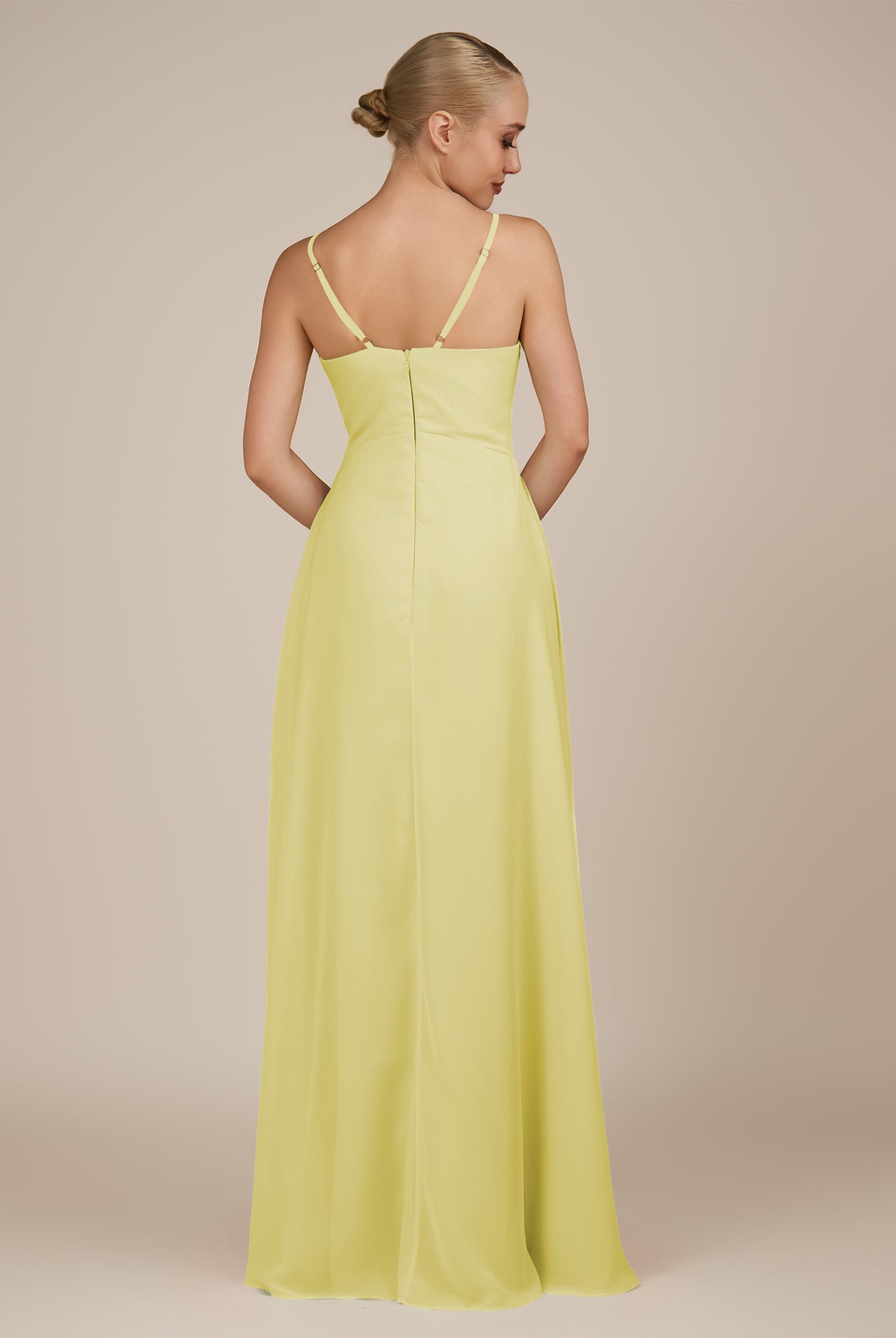 KissDress-Rhonda Buttercup Sheath Chiffon V Neck Ruffled Long Bridesmaid Dress with Slit