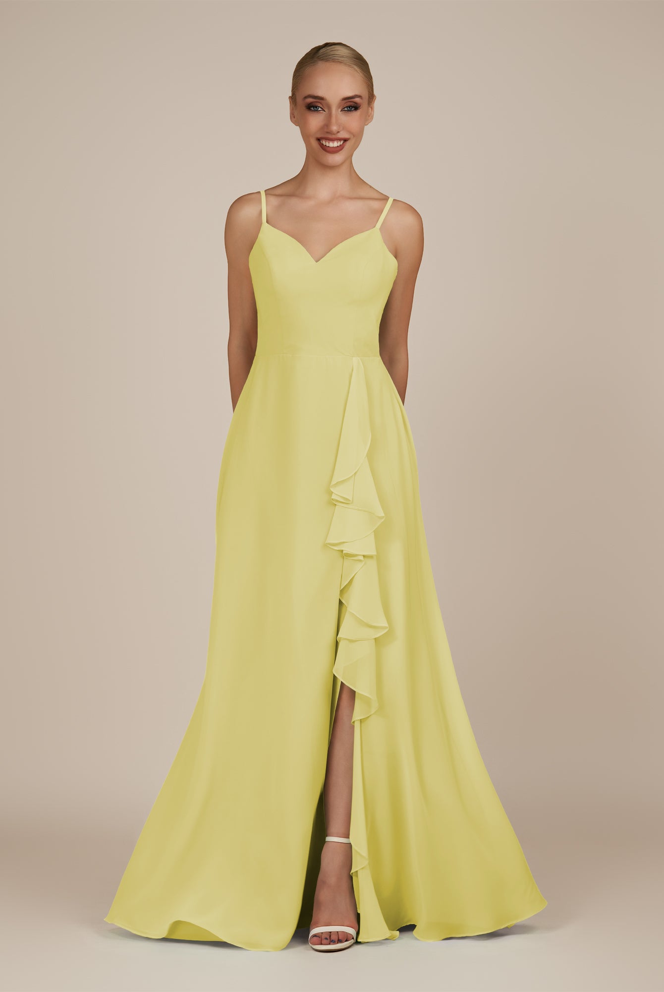 KissDress-Rhonda Buttercup Sheath Chiffon V Neck Ruffled Long Bridesmaid Dress with Slit