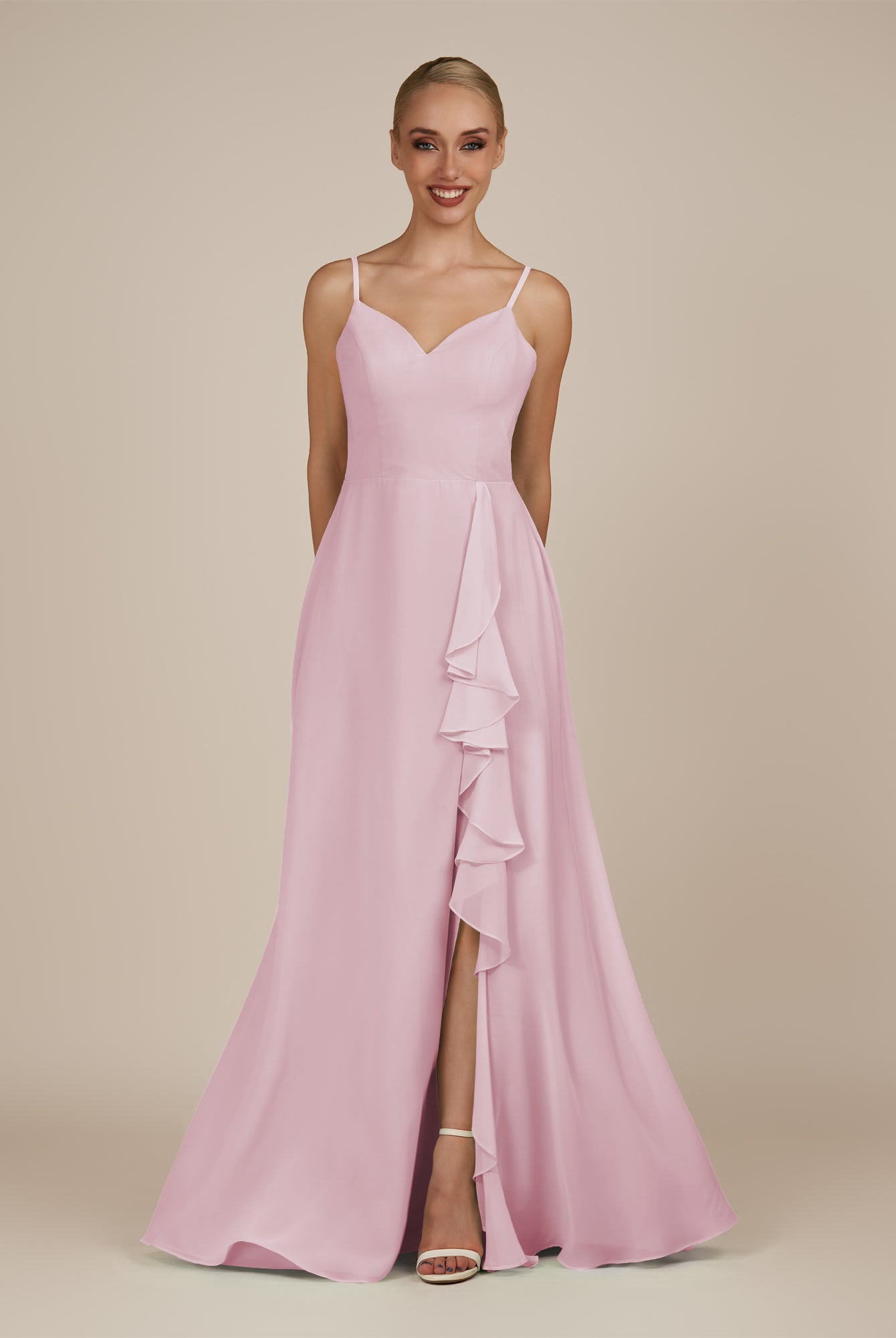 KissDress-Rhonda Candy Pink Sheath Chiffon V Neck Ruffled Long Bridesmaid Dress with Slit