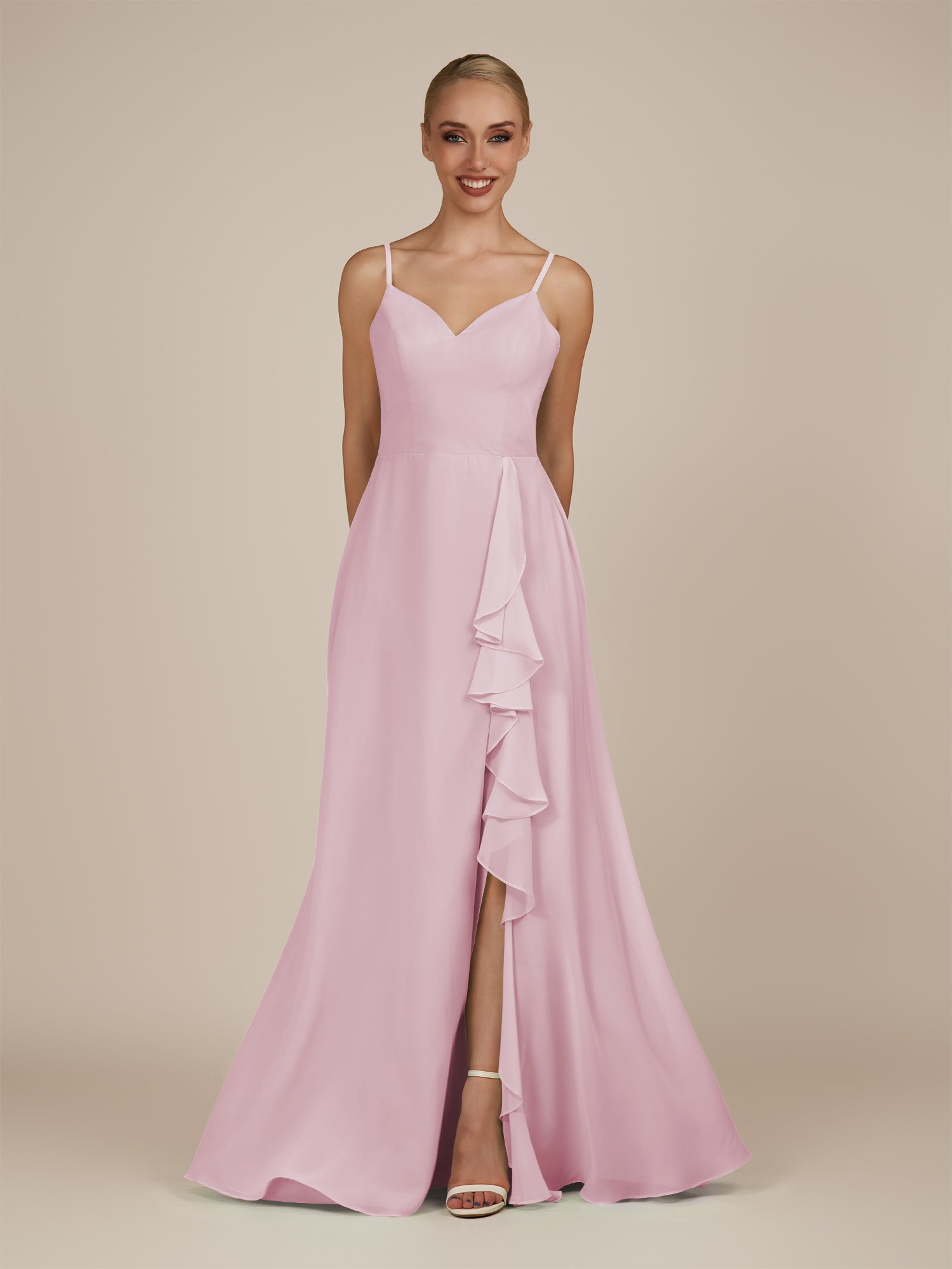 KissDress-Rhonda Candy Pink Sheath Chiffon V Neck Ruffled Long Bridesmaid Dress with Slit