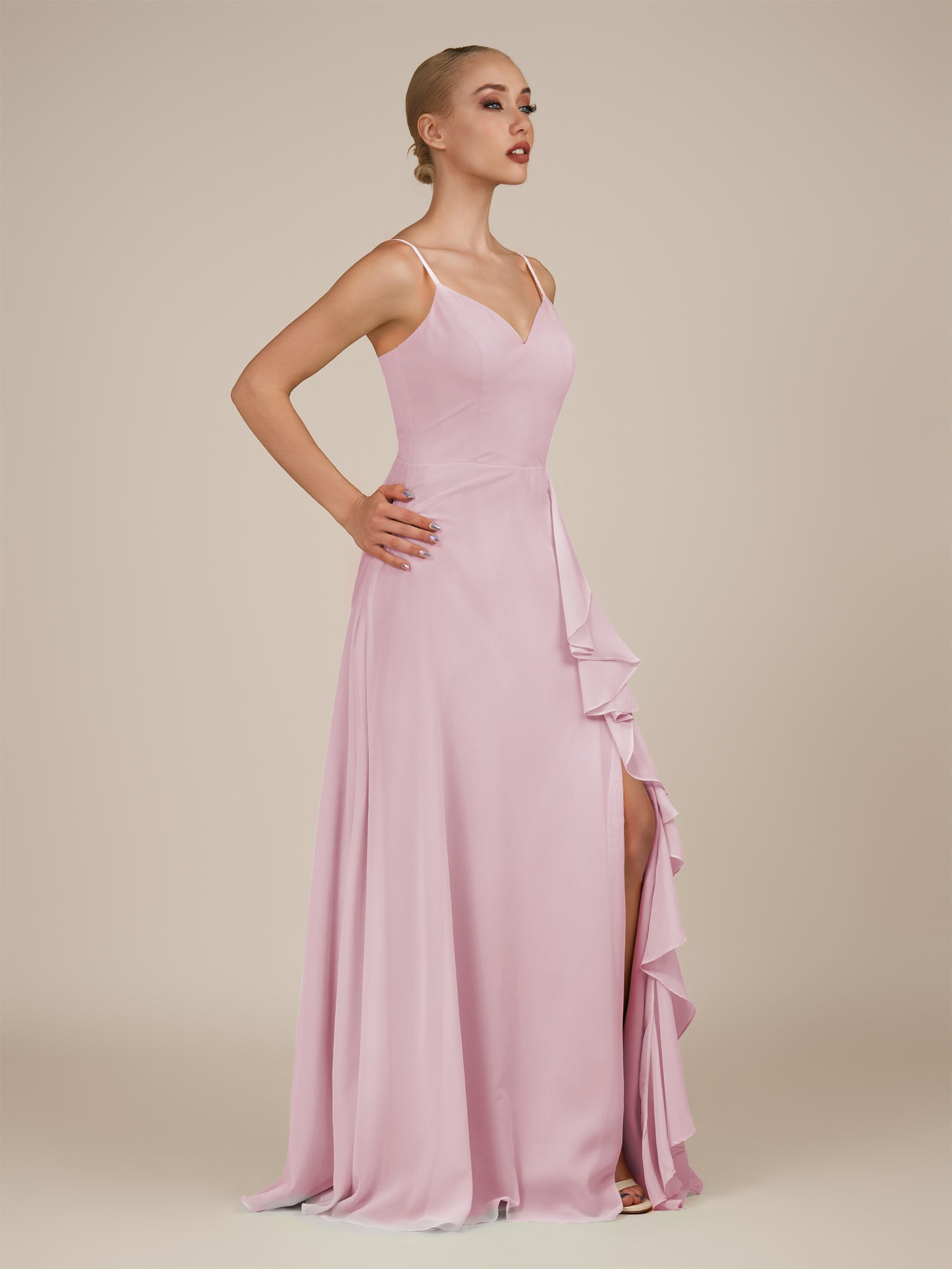KissDress-Rhonda Candy Pink Sheath Chiffon V Neck Ruffled Long Bridesmaid Dress with Slit