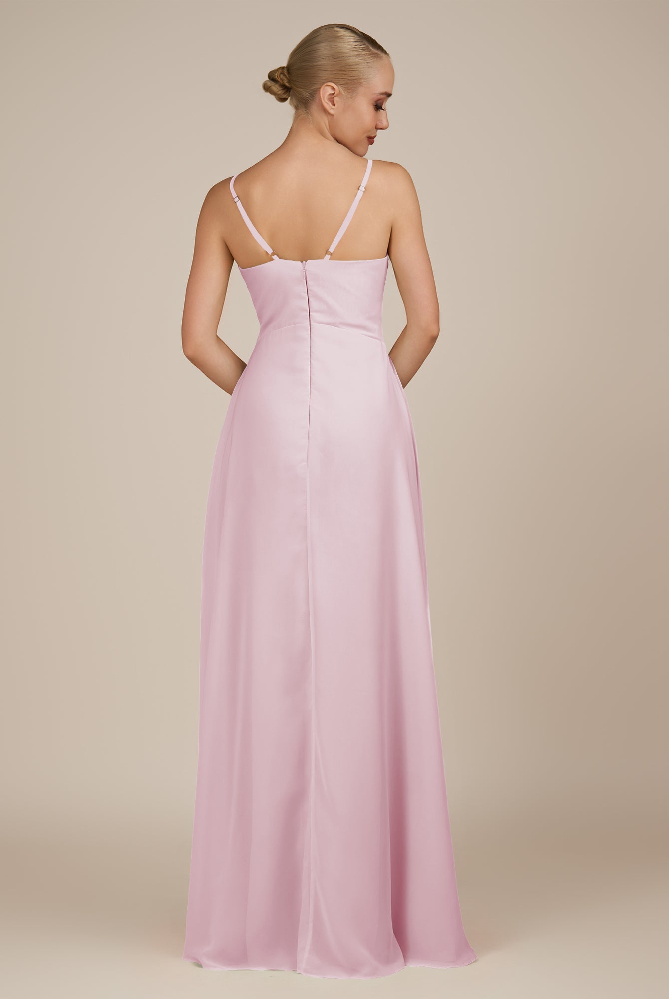 KissDress-Rhonda Candy Pink Sheath Chiffon V Neck Ruffled Long Bridesmaid Dress with Slit