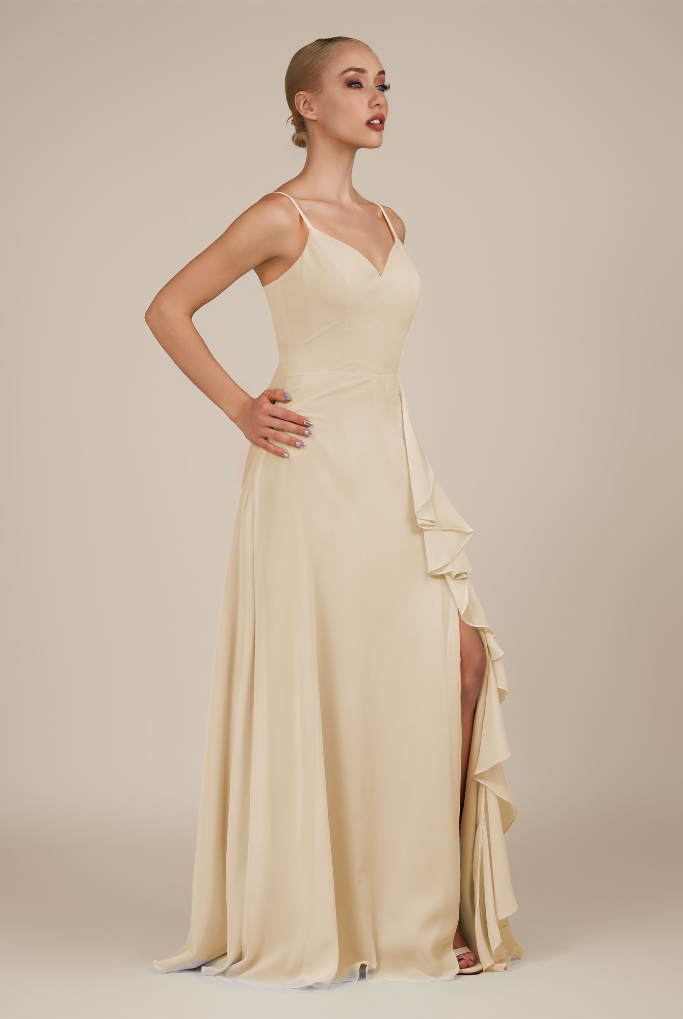 KissDress-Rhonda Champagne Sheath Chiffon V Neck Ruffled Long Bridesmaid Dress with Slit