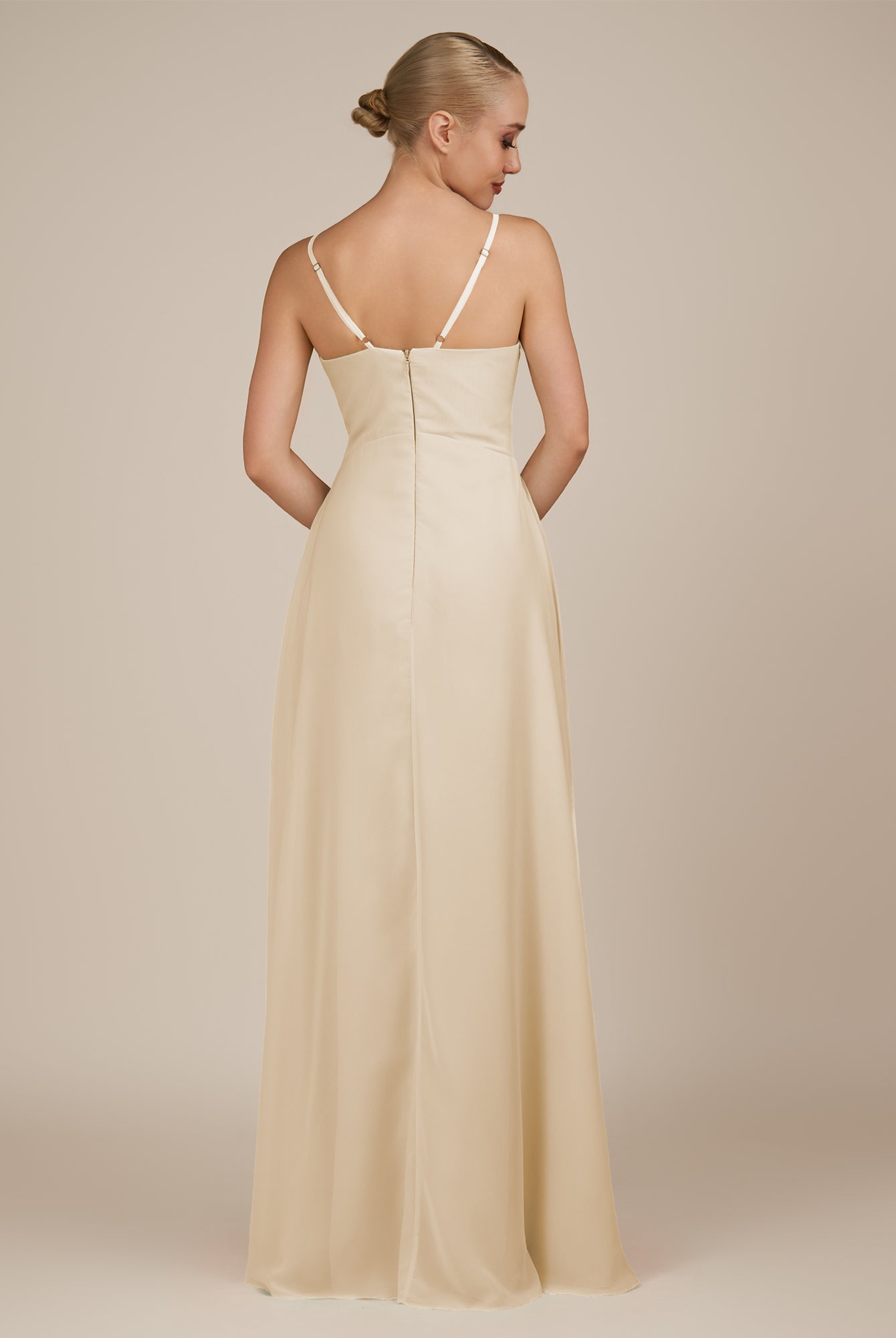 KissDress-Rhonda Champagne Sheath Chiffon V Neck Ruffled Long Bridesmaid Dress with Slit