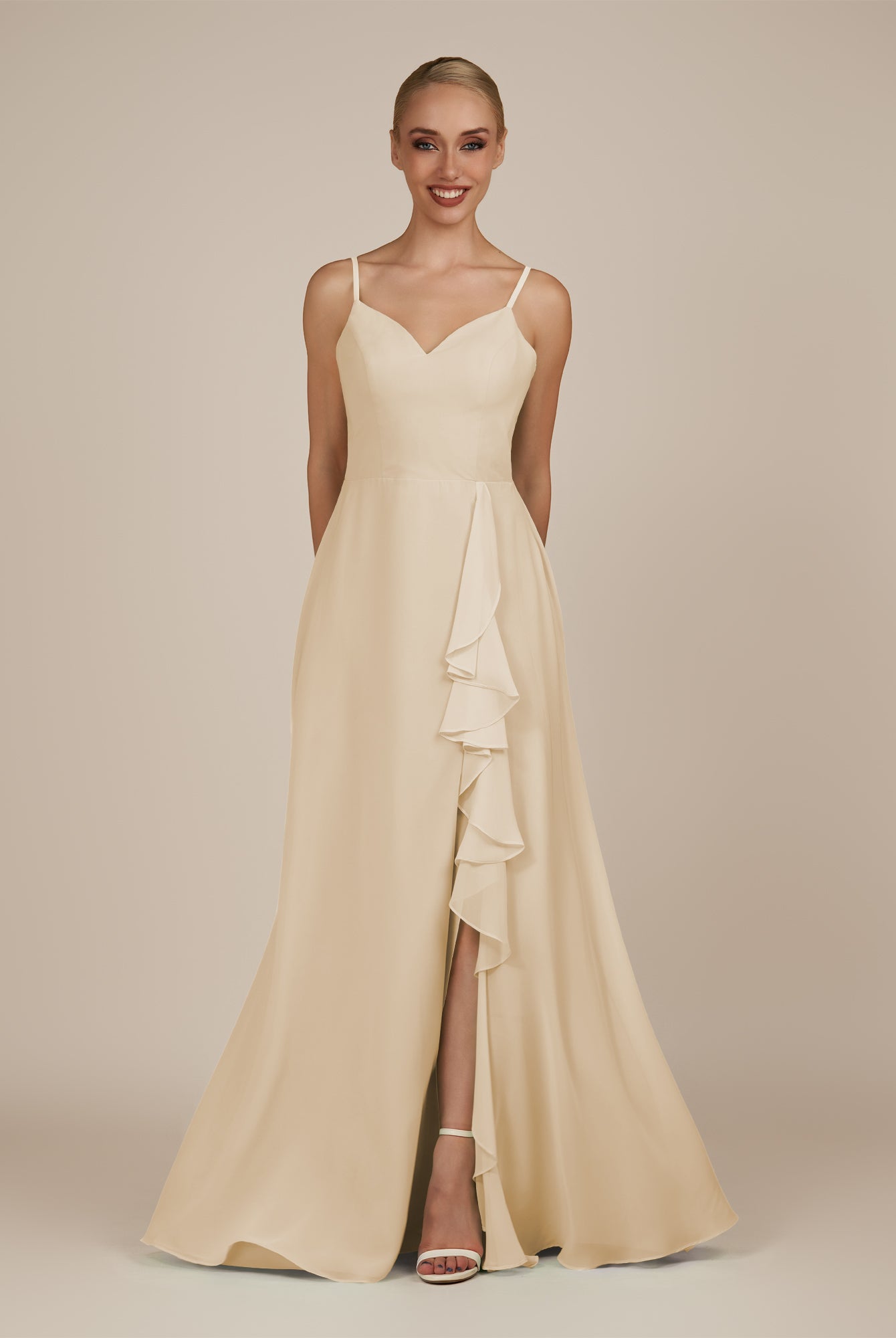 KissDress-Rhonda Champagne Sheath Chiffon V Neck Ruffled Long Bridesmaid Dress with Slit
