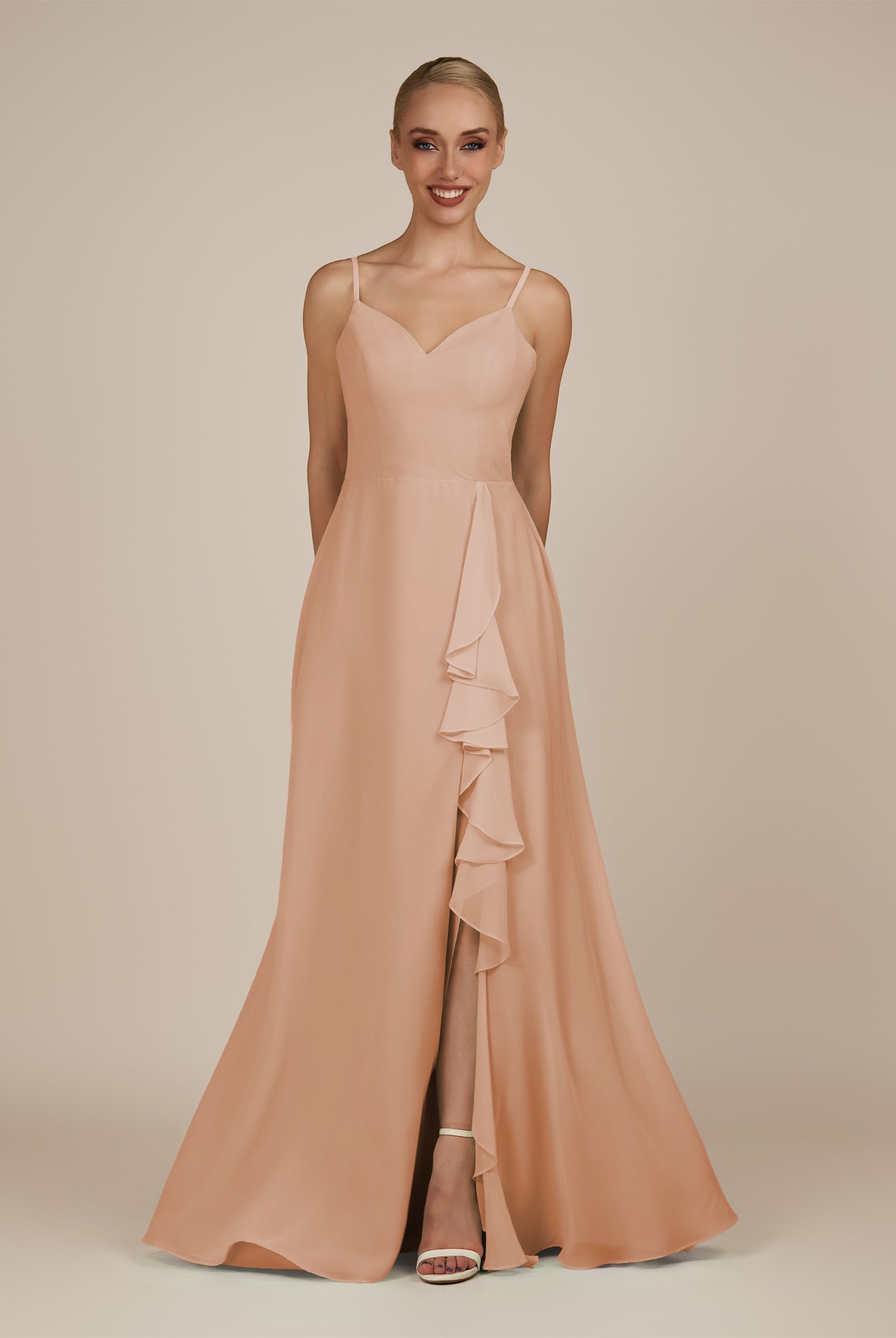 KissDress-Rhonda Champagne Rose Sheath Chiffon V Neck Ruffled Long Bridesmaid Dress with Slit