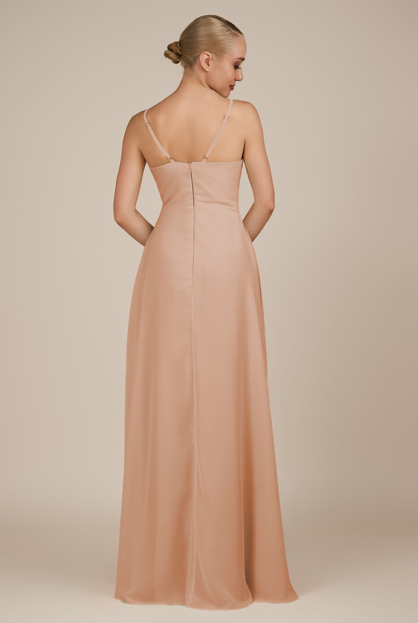 KissDress-Rhonda Champagne Rose Sheath Chiffon V Neck Ruffled Long Bridesmaid Dress with Slit