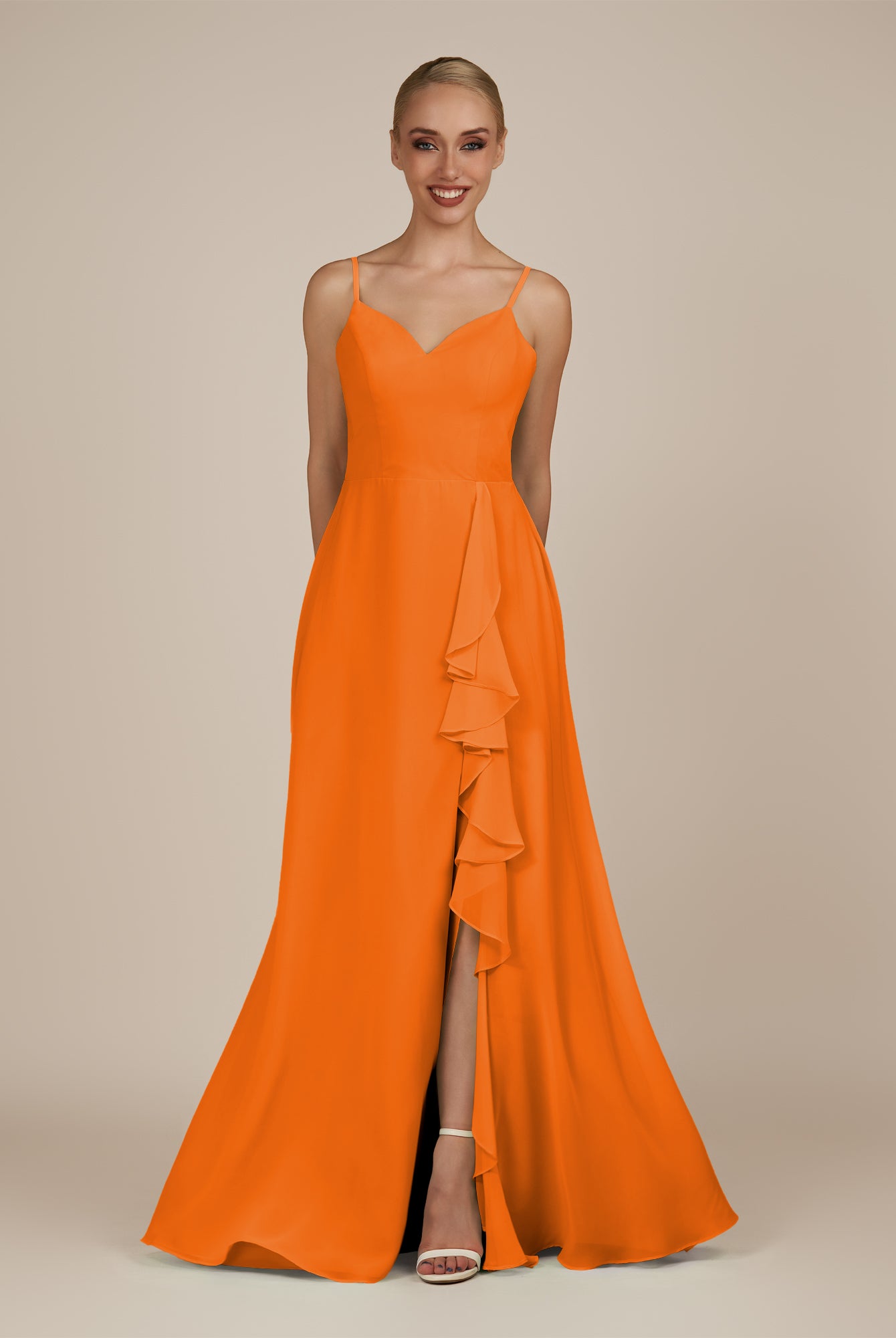 KissDress-Rhonda Cinnamon Sheath Chiffon V Neck Ruffled Long Bridesmaid Dress with Slit
