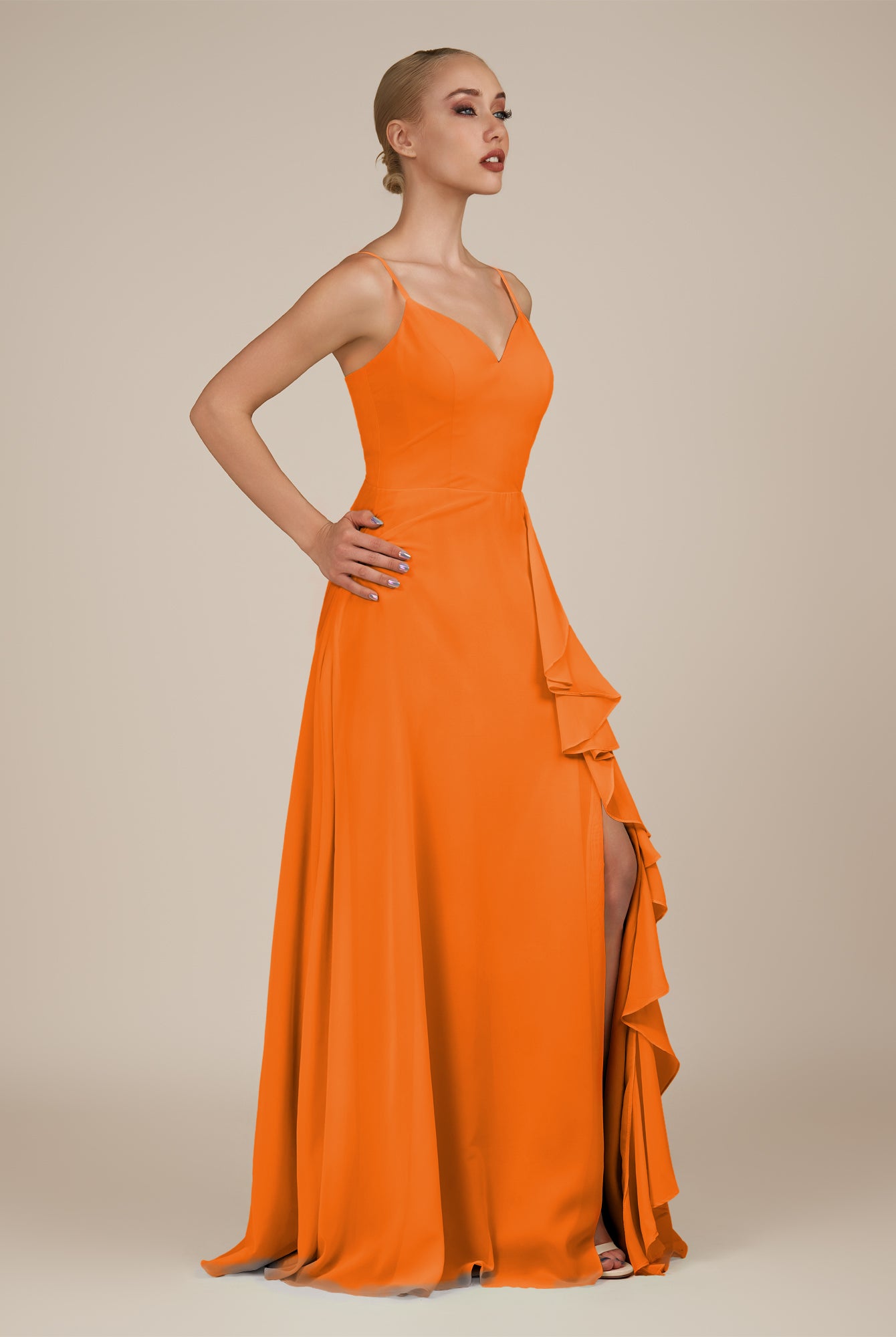 KissDress-Rhonda Cinnamon Sheath Chiffon V Neck Ruffled Long Bridesmaid Dress with Slit