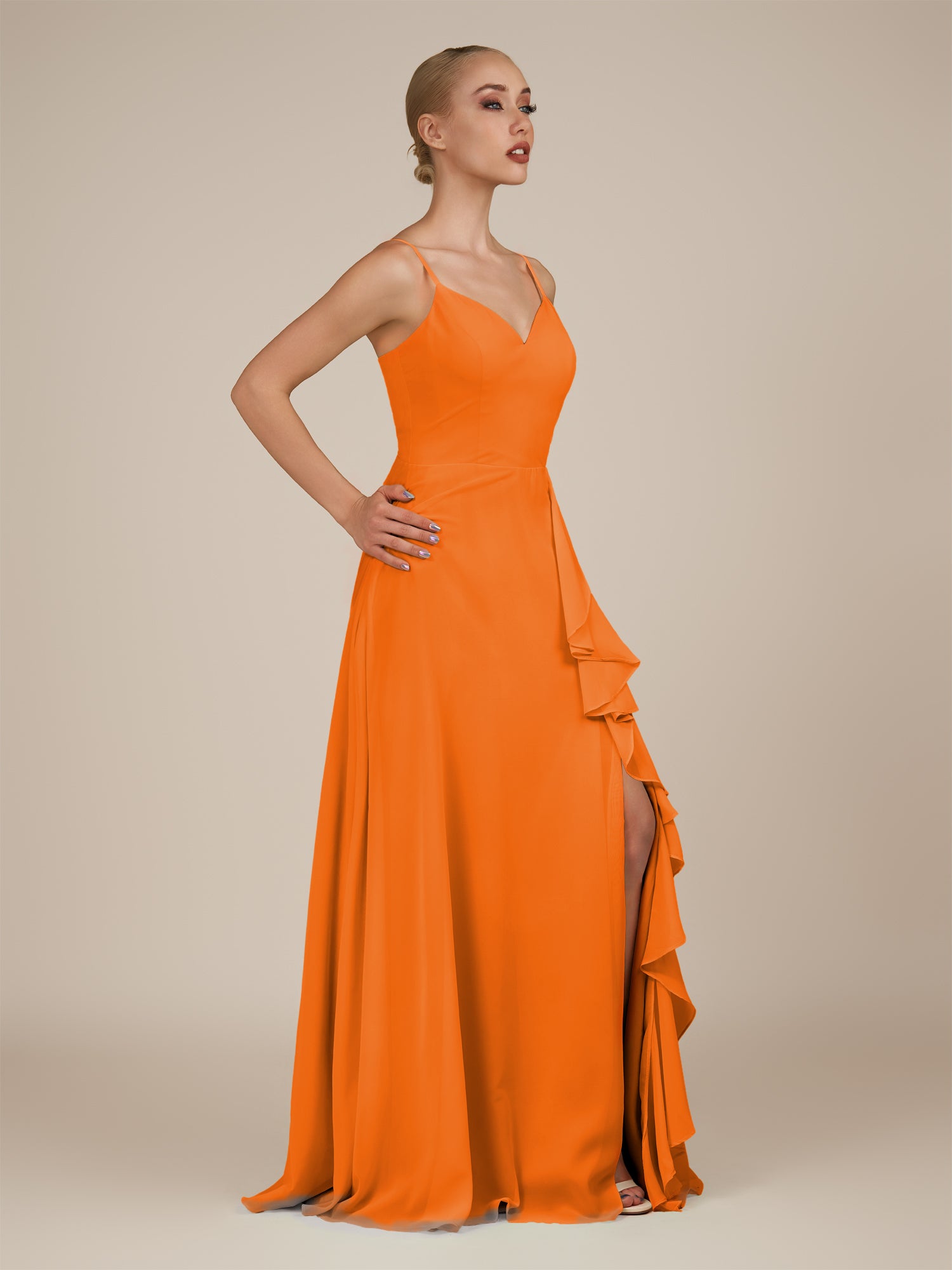 KissDress-Rhonda Cinnamon Sheath Chiffon V Neck Ruffled Long Bridesmaid Dress with Slit