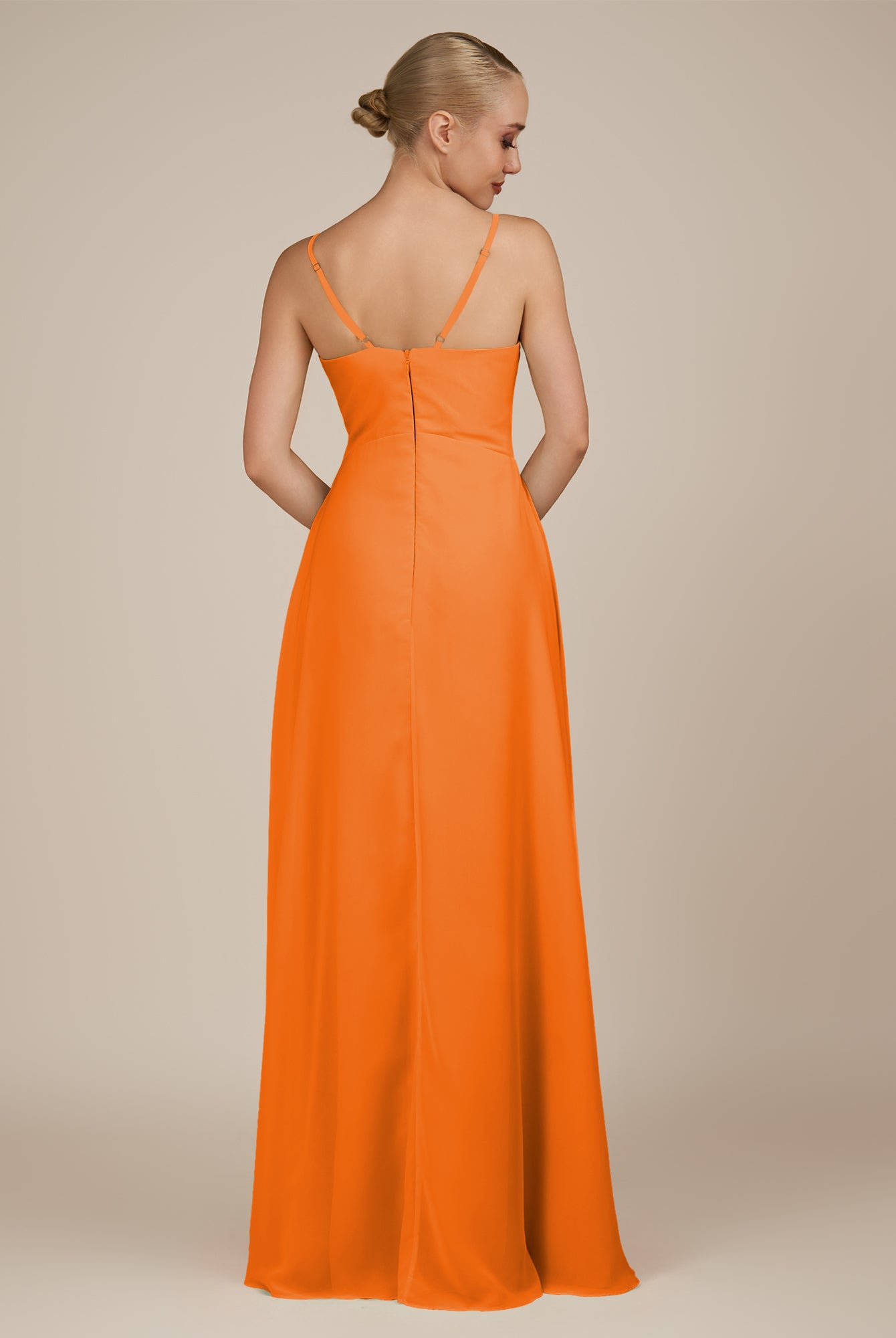 KissDress-Rhonda Cinnamon Sheath Chiffon V Neck Ruffled Long Bridesmaid Dress with Slit