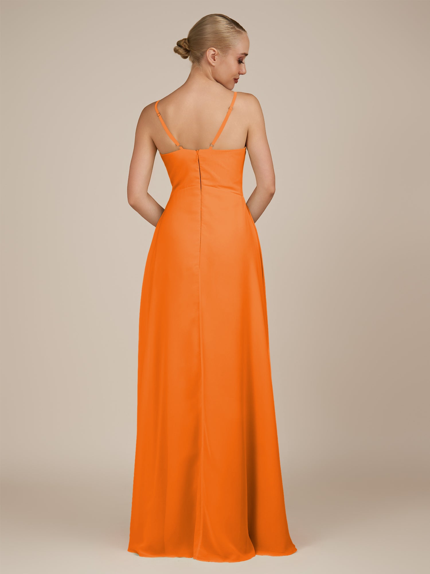 KissDress-Rhonda Cinnamon Sheath Chiffon V Neck Ruffled Long Bridesmaid Dress with Slit