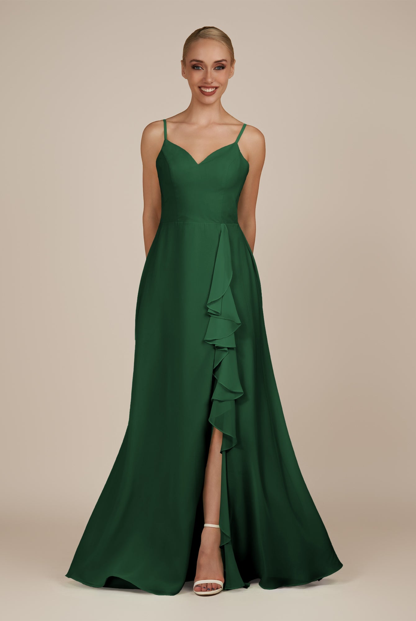 KissDress-Rhonda Dark Green Sheath Chiffon V Neck Ruffled Long Bridesmaid Dress with Slit