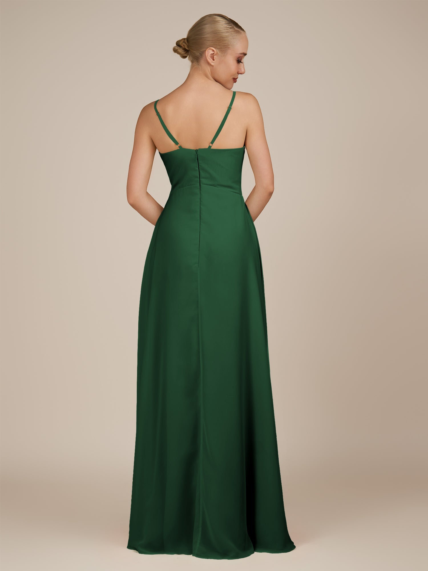 KissDress-Rhonda Dark Green Sheath Chiffon V Neck Ruffled Long Bridesmaid Dress with Slit