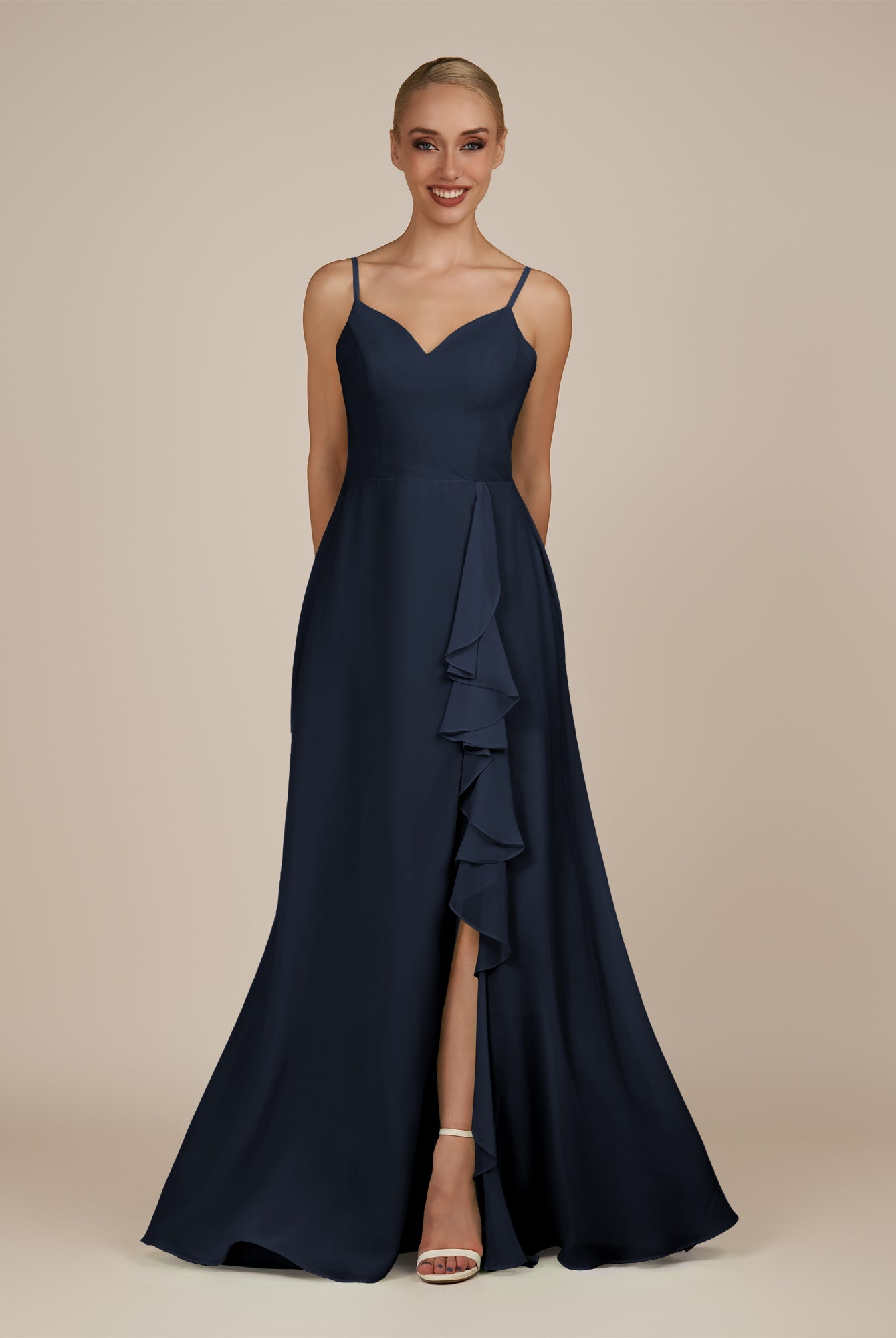 KissDress-Rhonda Dark Navy Sheath Chiffon V Neck Ruffled Long Bridesmaid Dress with Slit