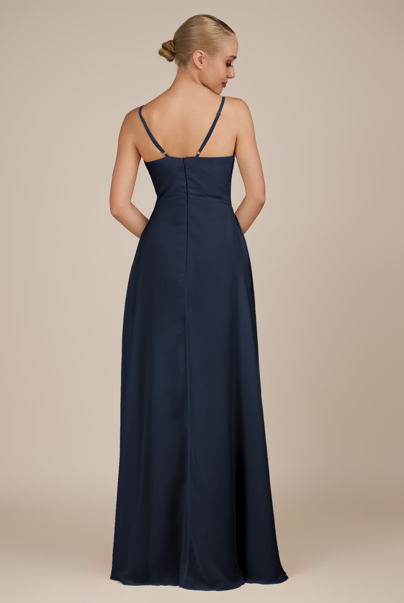 KissDress-Rhonda Dark Navy Sheath Chiffon V Neck Ruffled Long Bridesmaid Dress with Slit