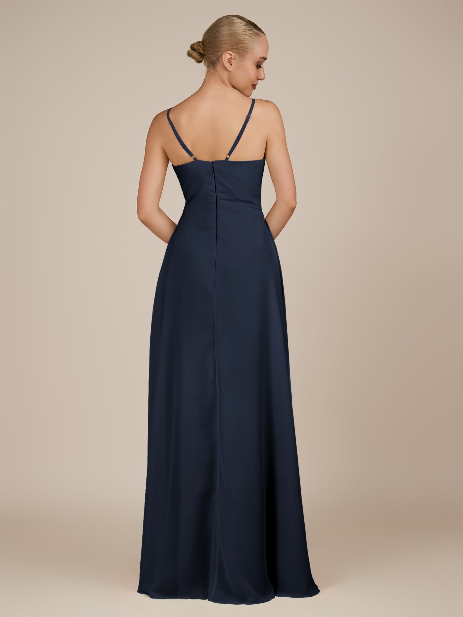 KissDress-Rhonda Dark Navy Sheath Chiffon V Neck Ruffled Long Bridesmaid Dress with Slit