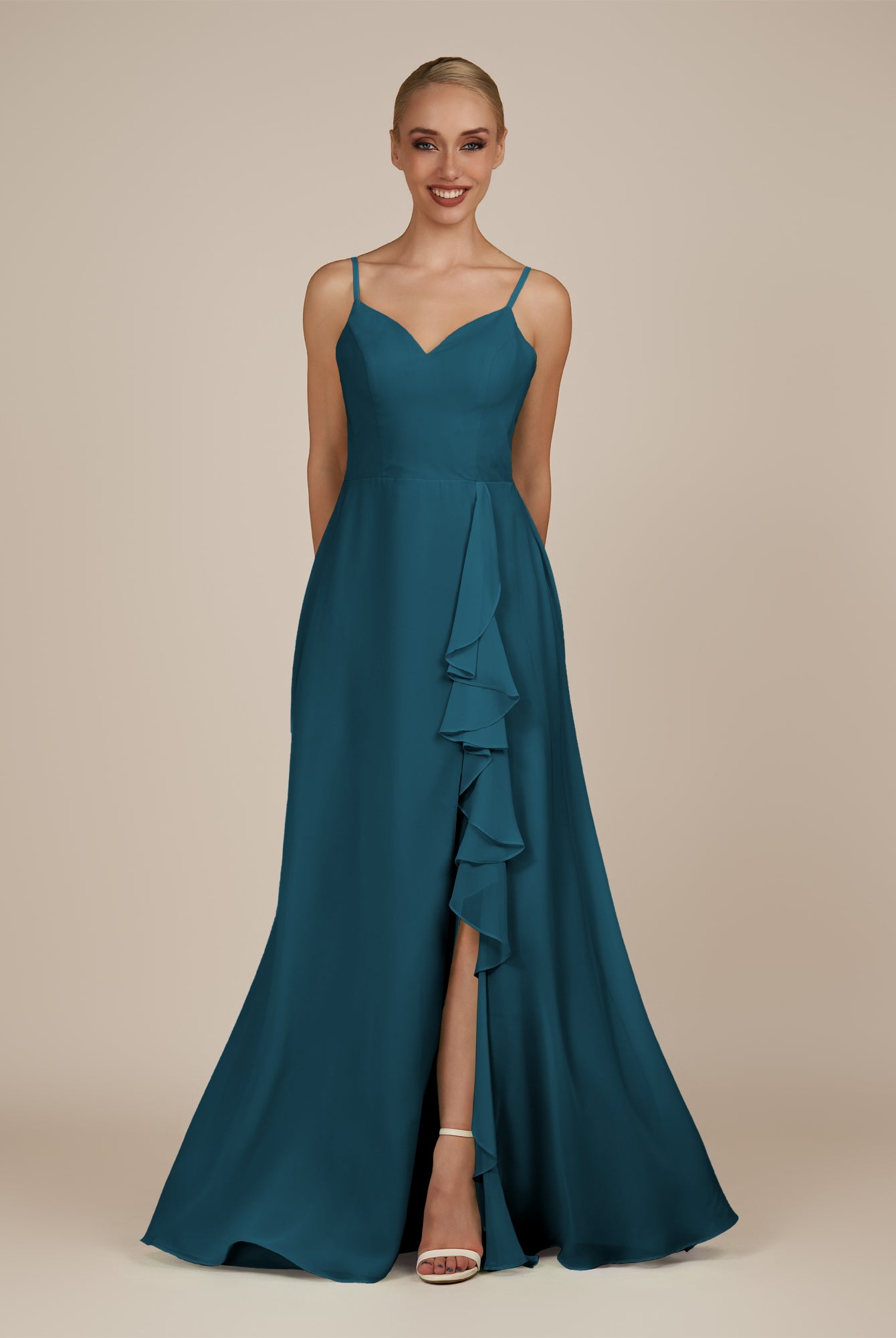 KissDress-Rhonda Dark Teal Sheath Chiffon V Neck Ruffled Long Bridesmaid Dress with Slit