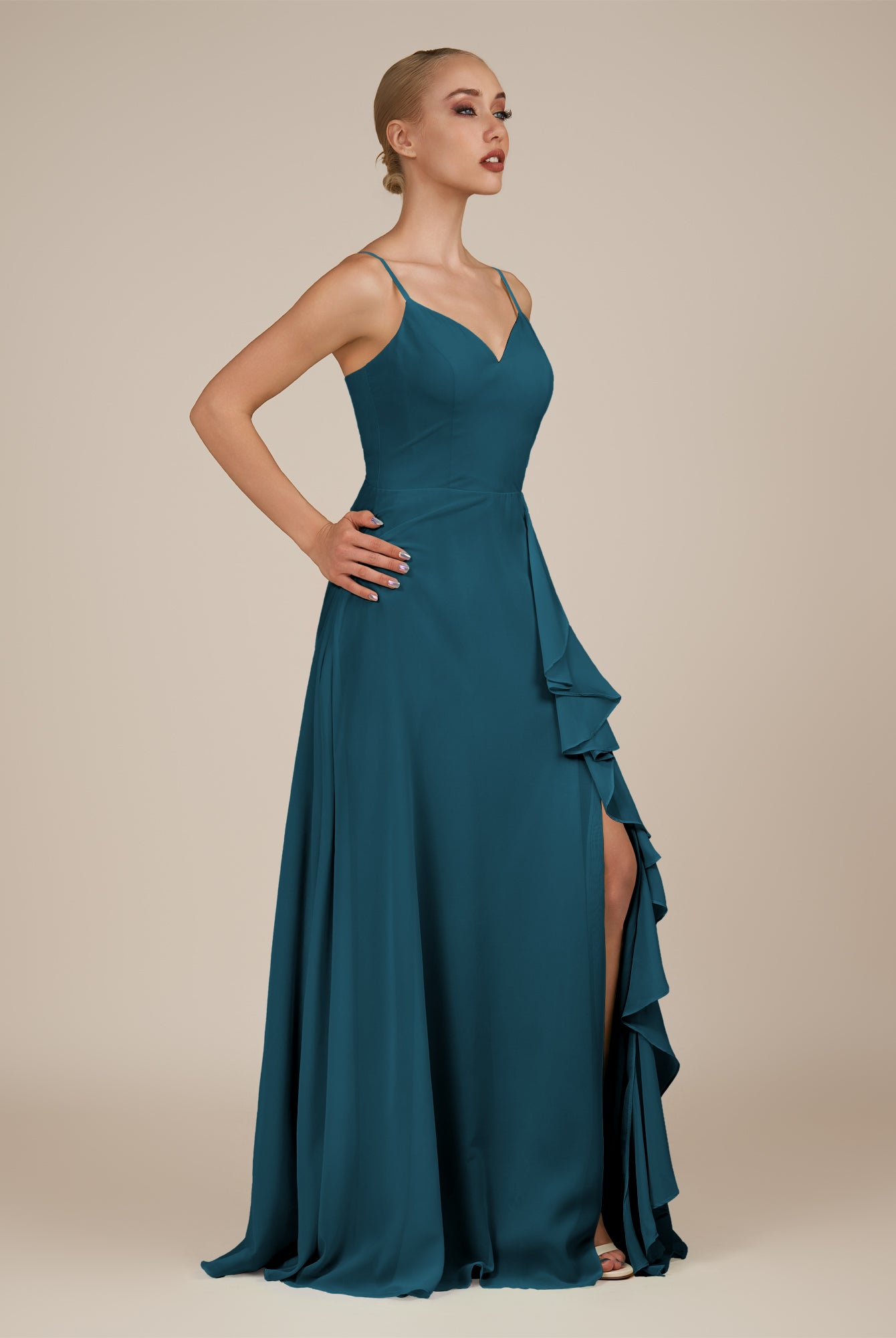KissDress-Rhonda Dark Teal Sheath Chiffon V Neck Ruffled Long Bridesmaid Dress with Slit