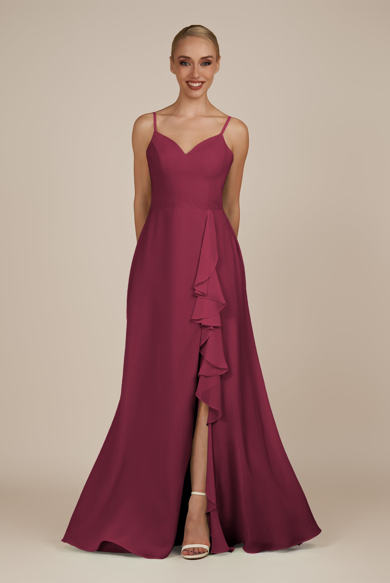 KissDress-Rhonda Desert Rose Sheath Chiffon V Neck Ruffled Long Bridesmaid Dress with Slit