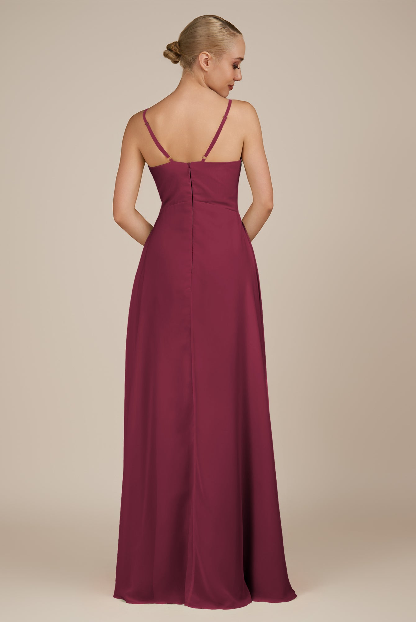 KissDress-Rhonda Desert Rose Sheath Chiffon V Neck Ruffled Long Bridesmaid Dress with Slit