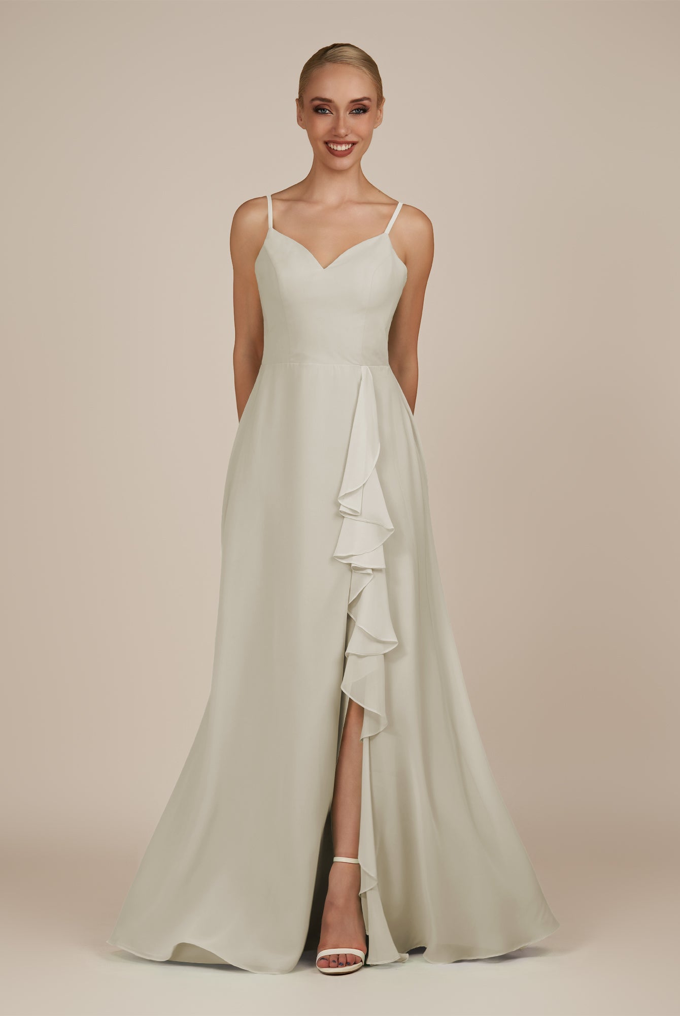 KissDress-Rhonda Dove Gray Sheath Chiffon V Neck Ruffled Long Bridesmaid Dress with Slit