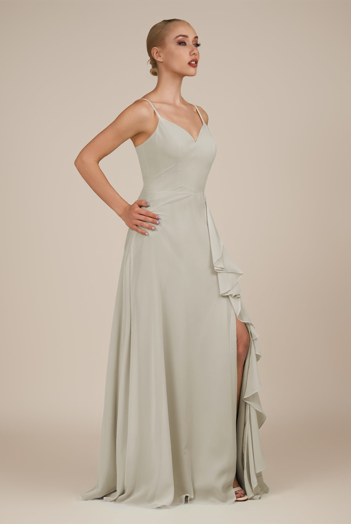 KissDress-Rhonda Dove Gray Sheath Chiffon V Neck Ruffled Long Bridesmaid Dress with Slit