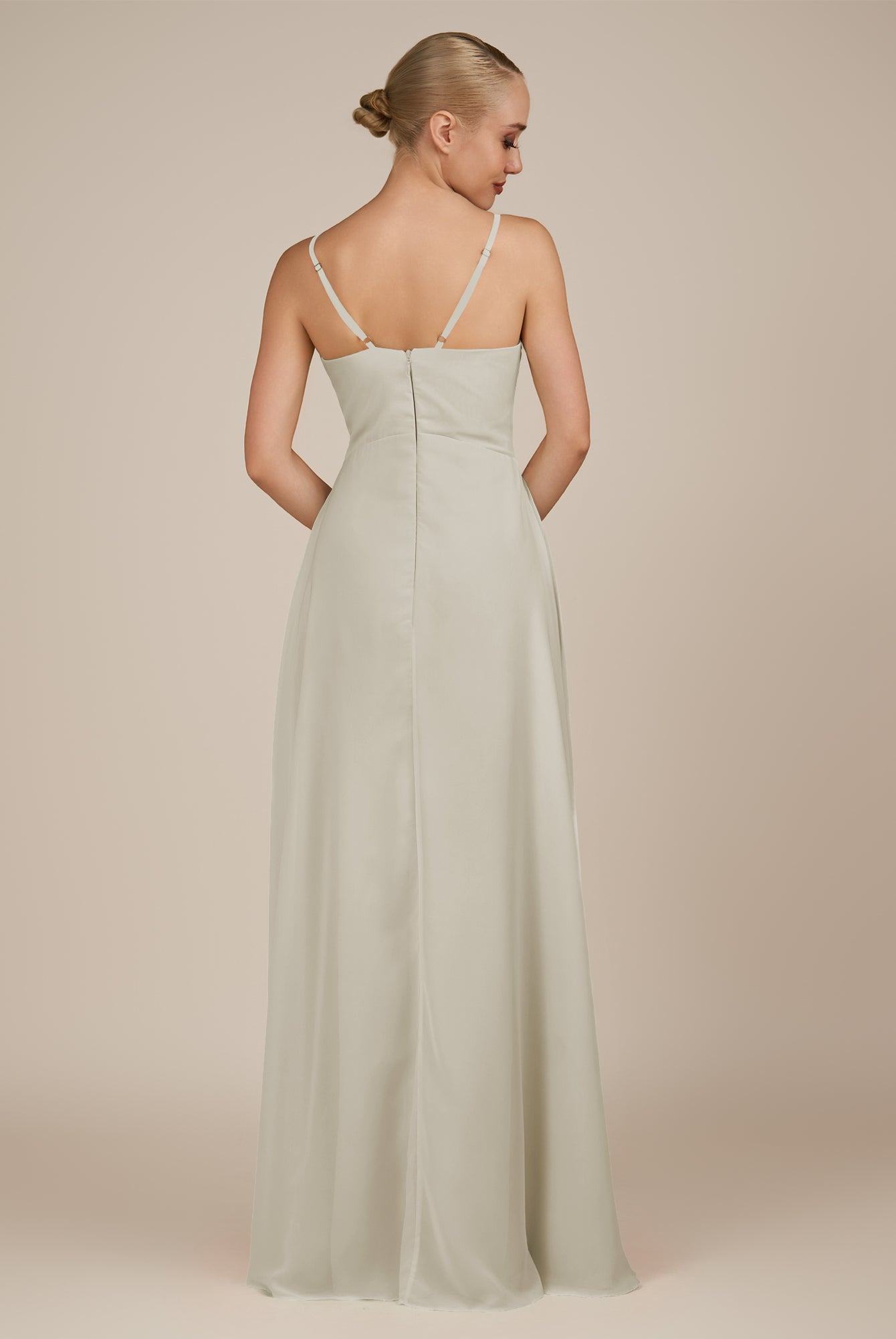 KissDress-Rhonda Dove Gray Sheath Chiffon V Neck Ruffled Long Bridesmaid Dress with Slit