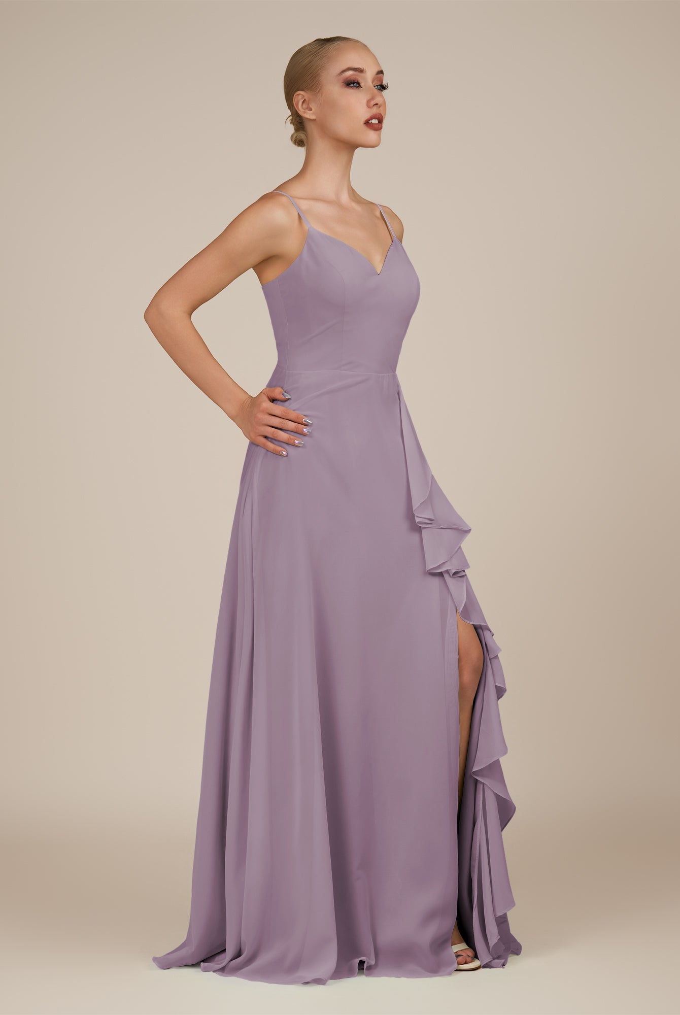 KissDress-Rhonda Dusk Sheath Chiffon V Neck Ruffled Long Bridesmaid Dress with Slit