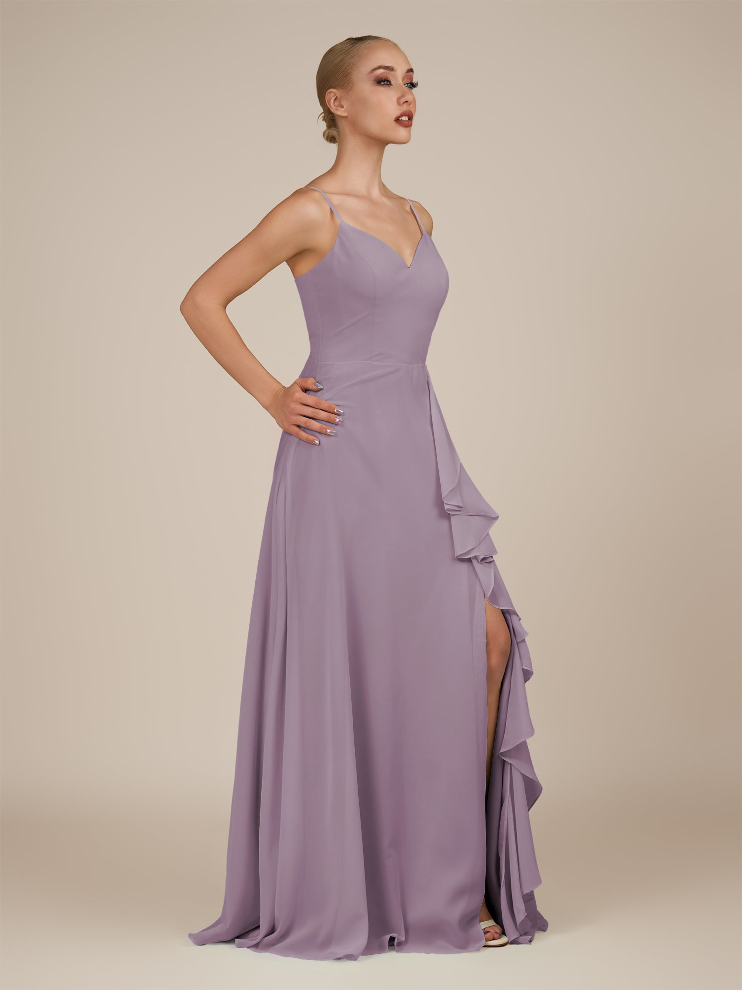 KissDress-Rhonda Dusk Sheath Chiffon V Neck Ruffled Long Bridesmaid Dress with Slit