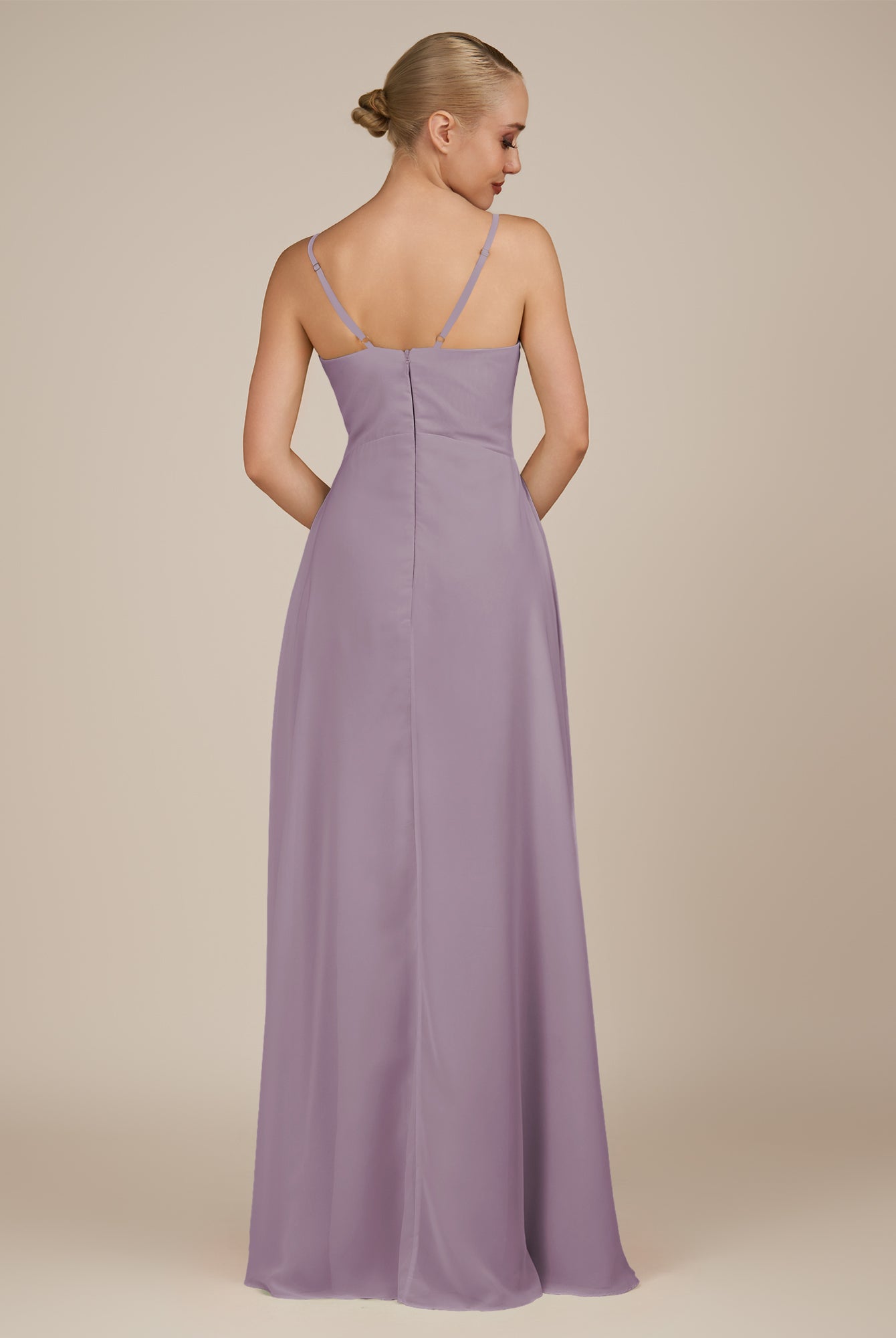 KissDress-Rhonda Dusk Sheath Chiffon V Neck Ruffled Long Bridesmaid Dress with Slit