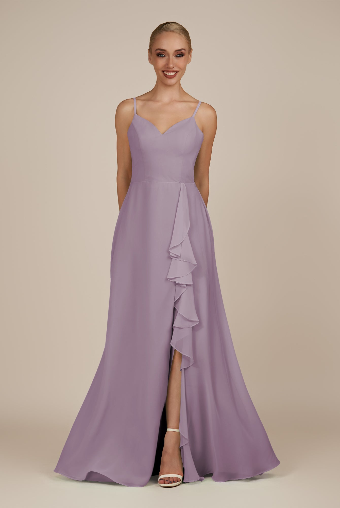 KissDress-Rhonda Dusk Sheath Chiffon V Neck Ruffled Long Bridesmaid Dress with Slit