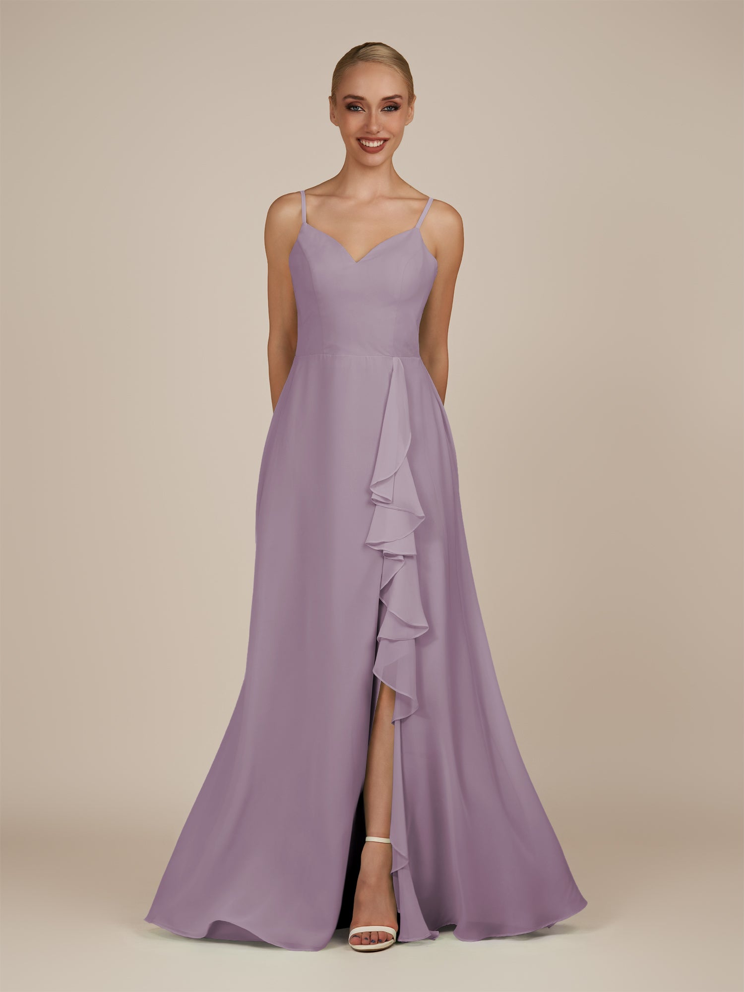 KissDress-Rhonda Dusk Sheath Chiffon V Neck Ruffled Long Bridesmaid Dress with Slit