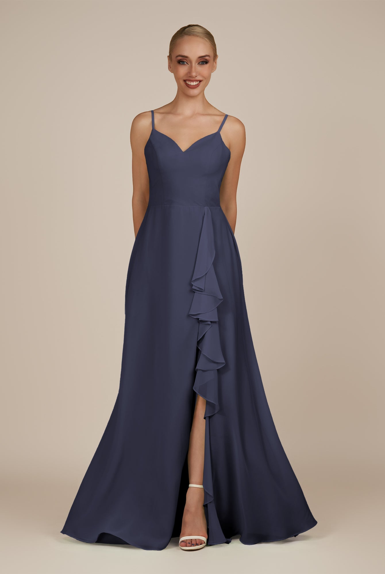 KissDress-Rhonda Dusk Blue Sheath Chiffon V Neck Ruffled Long Bridesmaid Dress with Slit