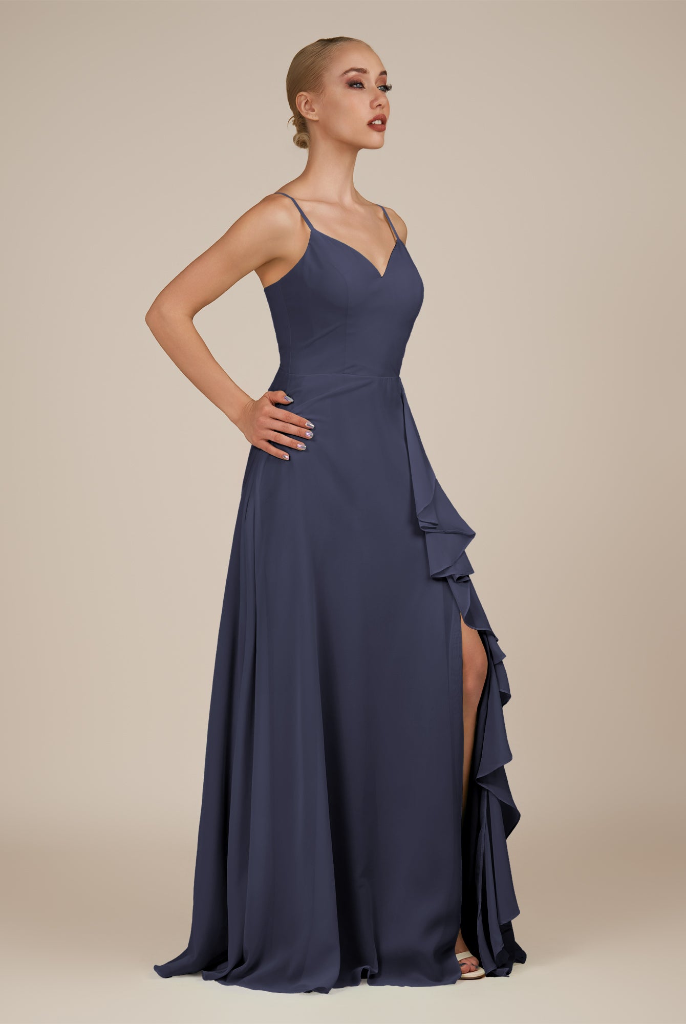 KissDress-Rhonda Dusk Blue Sheath Chiffon V Neck Ruffled Long Bridesmaid Dress with Slit
