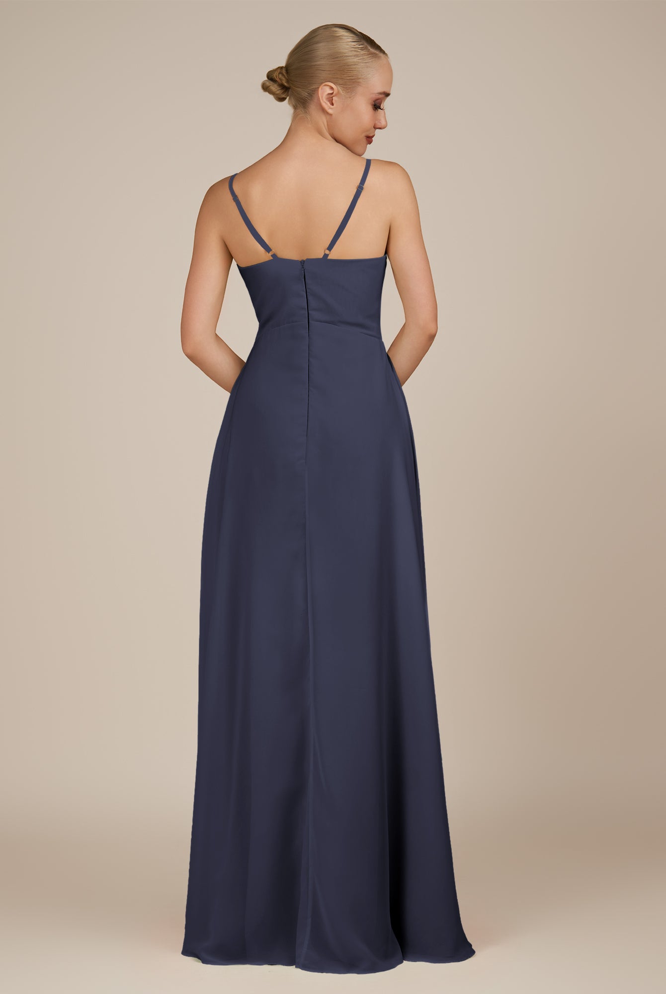KissDress-Rhonda Dusk Blue Sheath Chiffon V Neck Ruffled Long Bridesmaid Dress with Slit