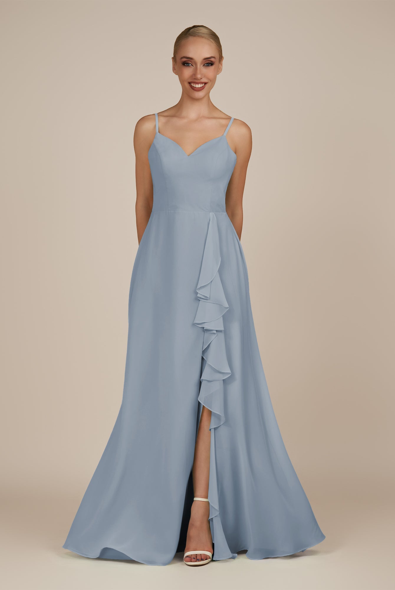 KissDress-Rhonda Dusty Blue Sheath Chiffon V Neck Ruffled Long Bridesmaid Dress with Slit